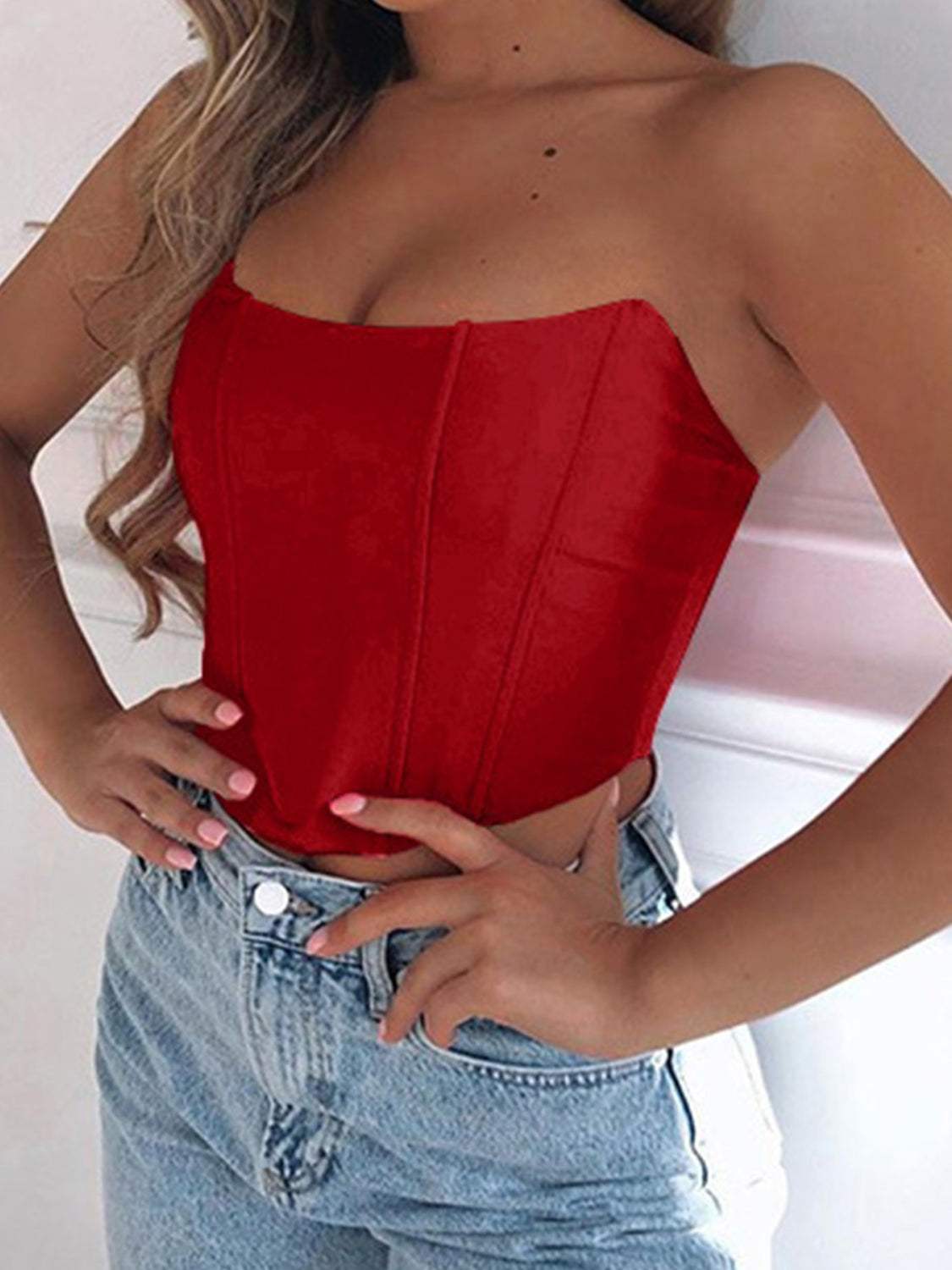 Tube cropped top in vibrant red, slightly stretchy, polyester-spandex blend.