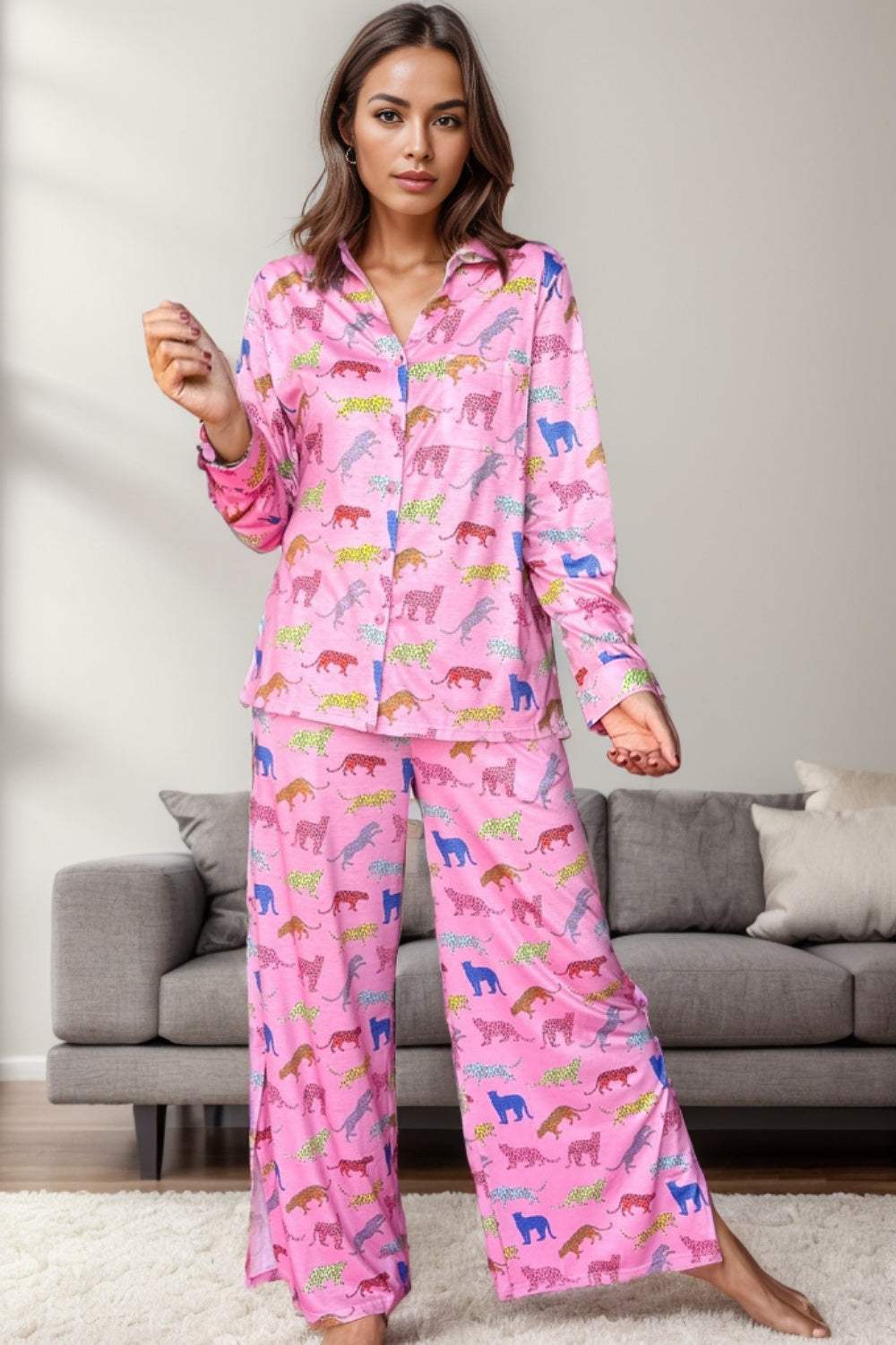 Pocketed printed lounge set with top and pants in colorful animal pattern.