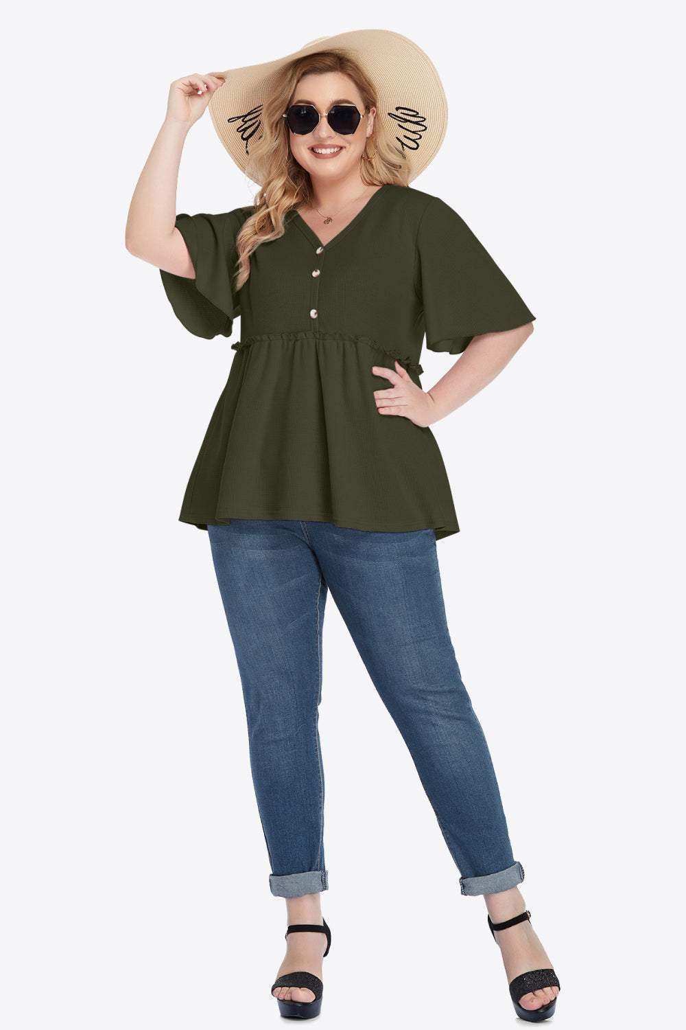 Plus size buttoned V-neck frill trim babydoll blouse with flutter sleeves in solid color.