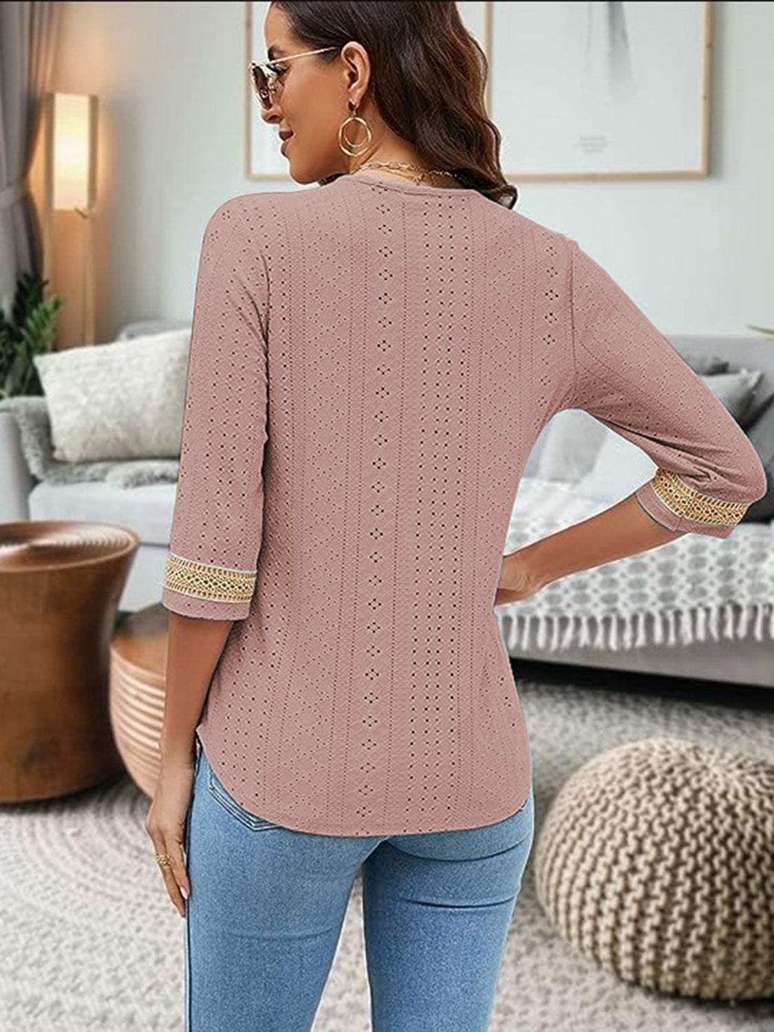 V-Neck Eyelet Blouse in pink with three-quarter sleeves and crochet details, made from 100% polyester.