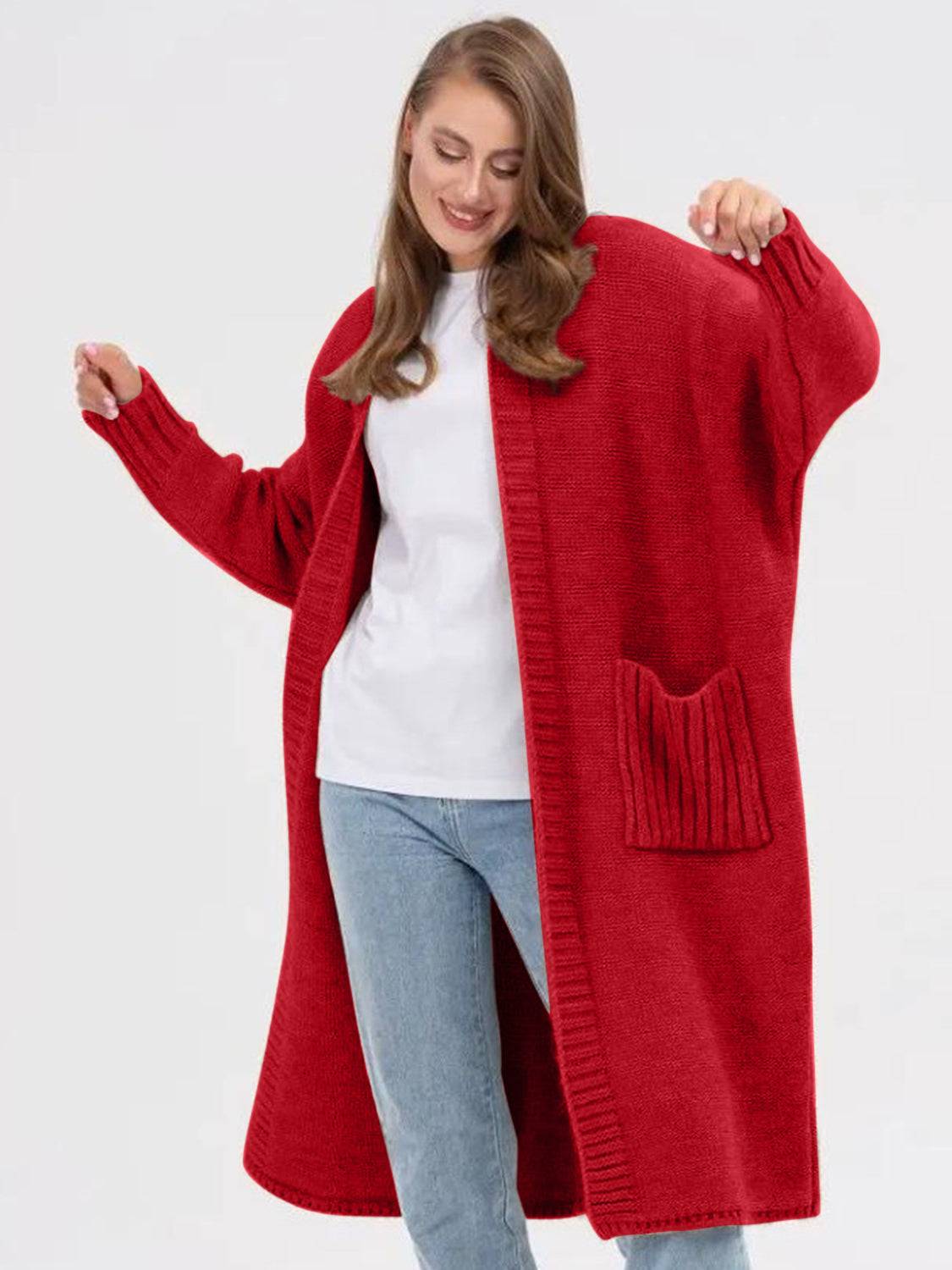 Pocketed open front long sleeve longline cardigan in red with moderate stretch.