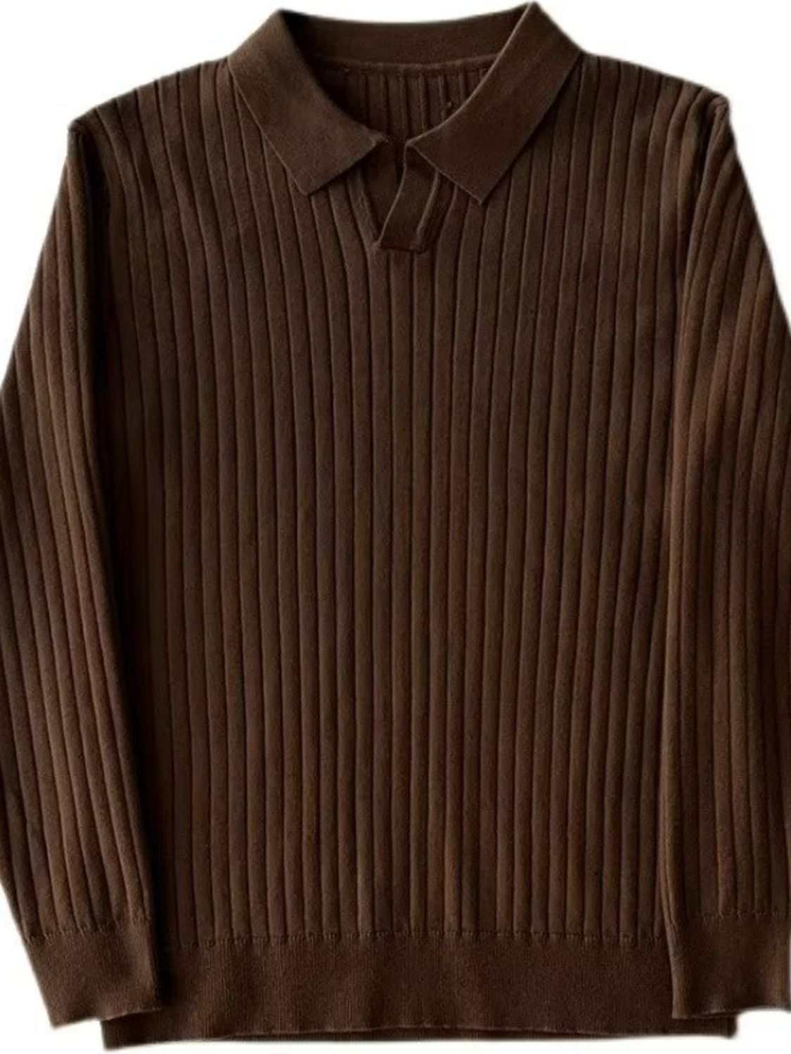 Men's plus size collared neck long sleeve polo in brown with moderate stretch.