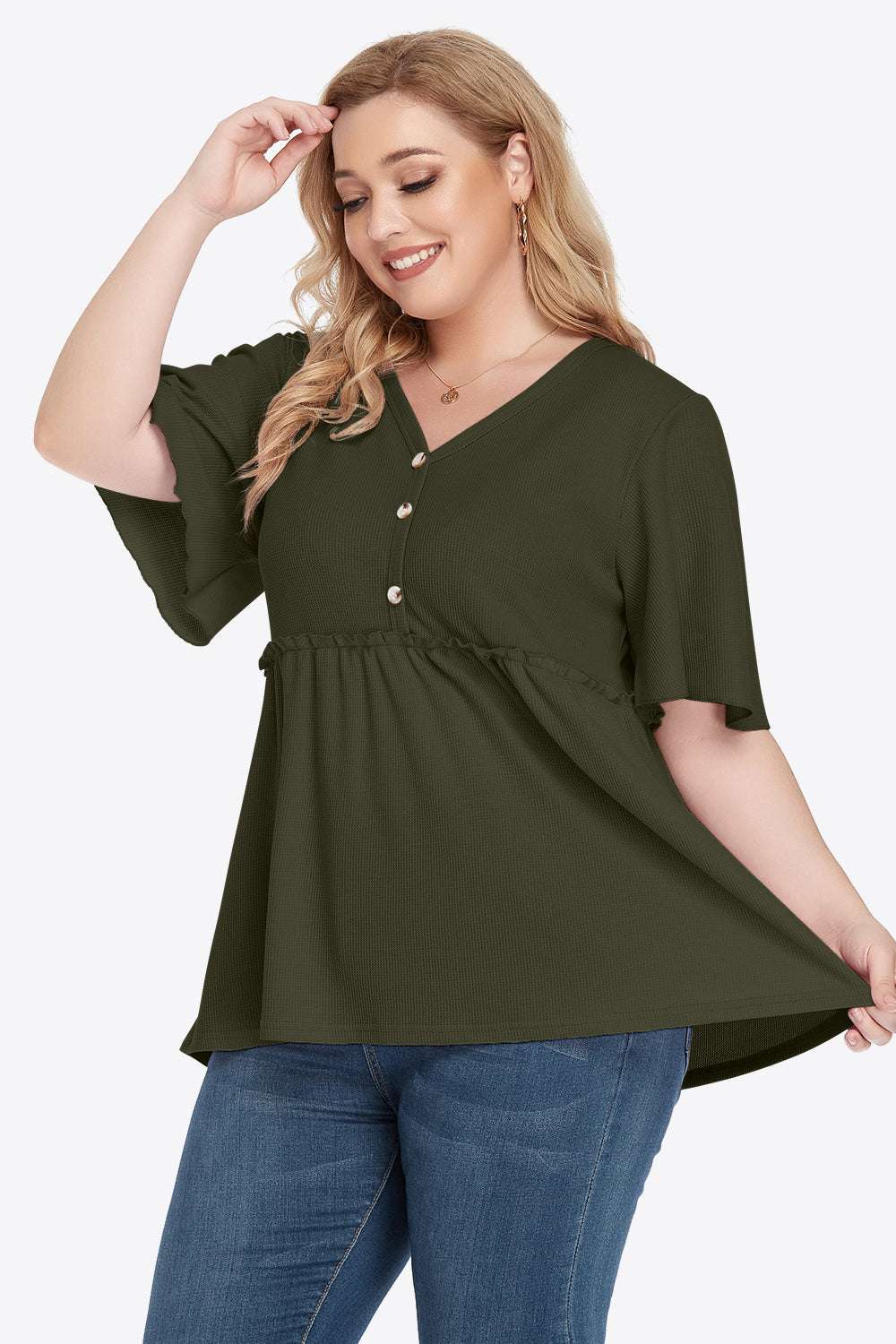 Plus Size V-Neck Frill Trim Babydoll Blouse with Flutter Sleeves in Solid Color