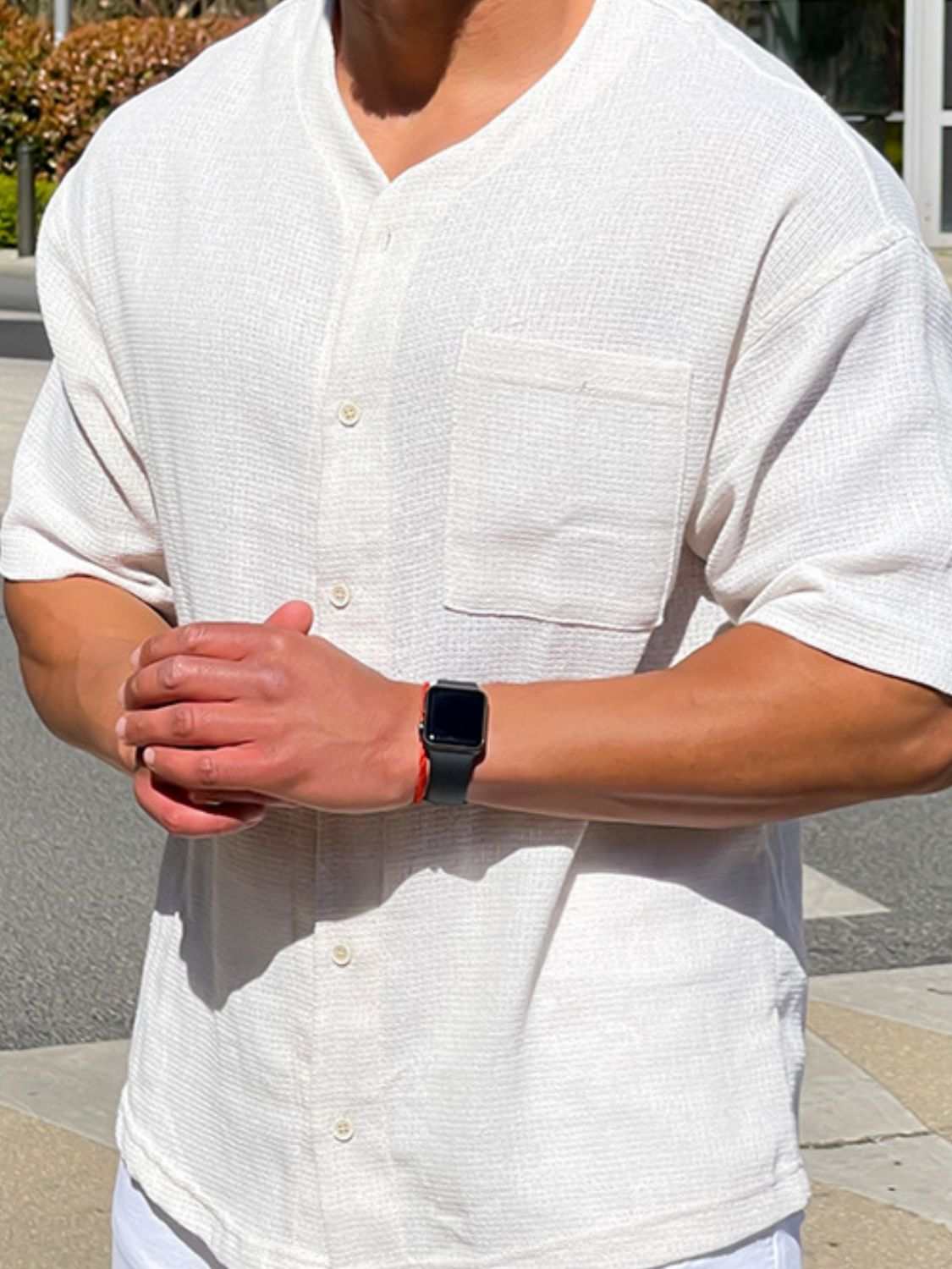 Men's plus size chest pocket button down shirt, basic style, slightly stretchy fabric.