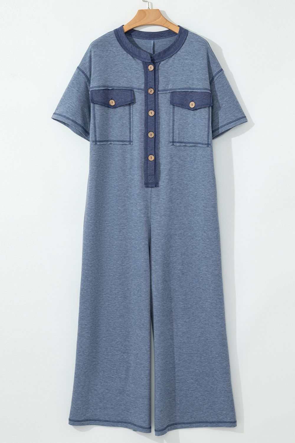 Placket Chest Pockets Short Sleeve Wide Leg Jumpsuit - Securing Secrets Boutique LLC