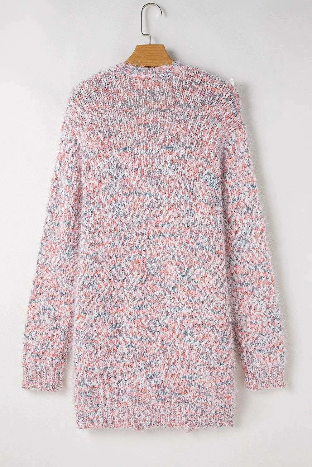 Pocketed open front long sleeve cardigan, multicolored knit, no stretch, 100% polyester.