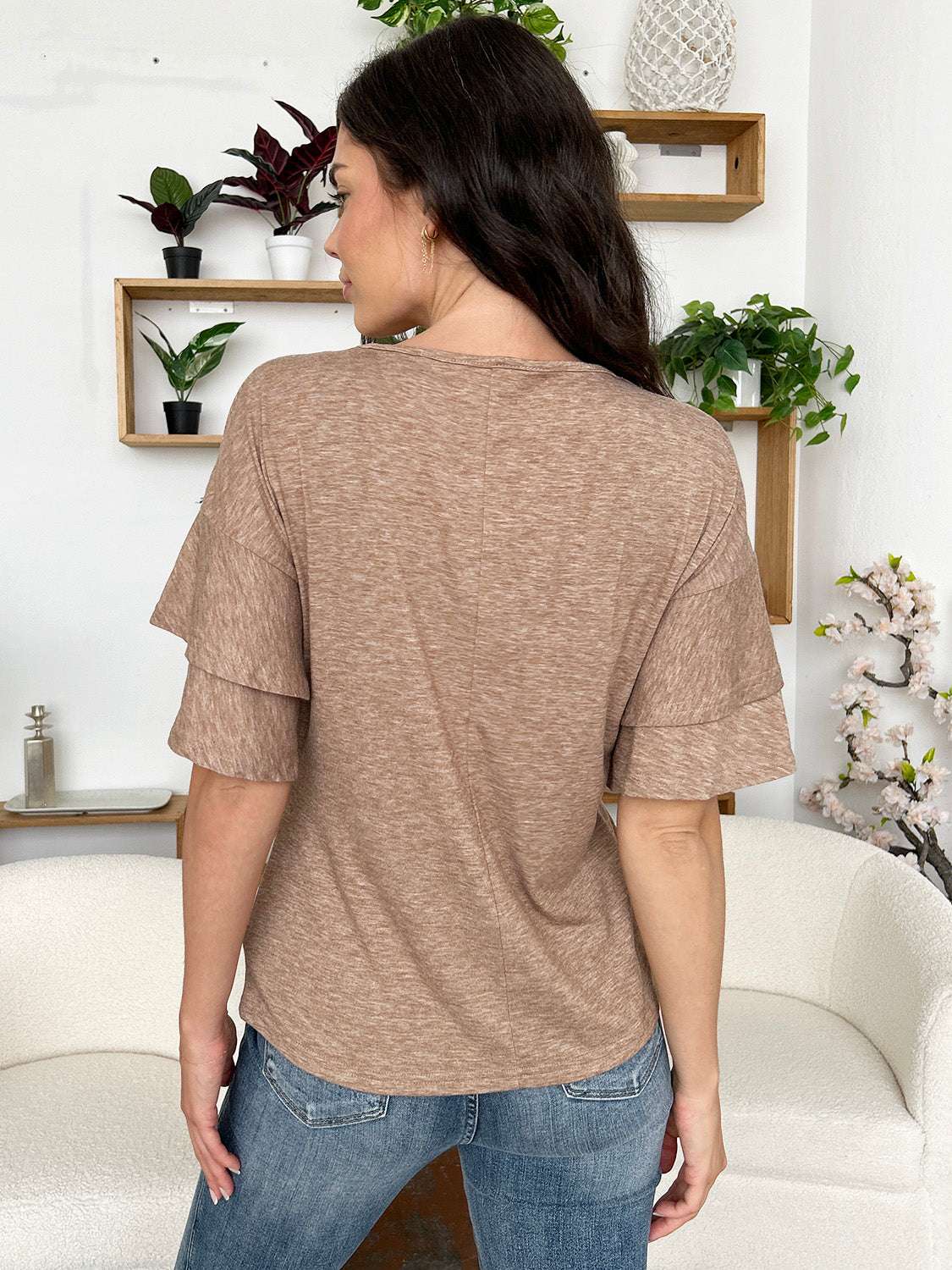 V-Neck Half Sleeve Blouse in brown, back view, casual fit.