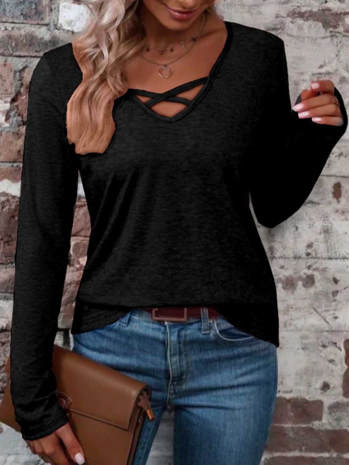 Crisscross V-neck long sleeve T-shirt, black, women's fashion top, slight stretch, polyester blend.