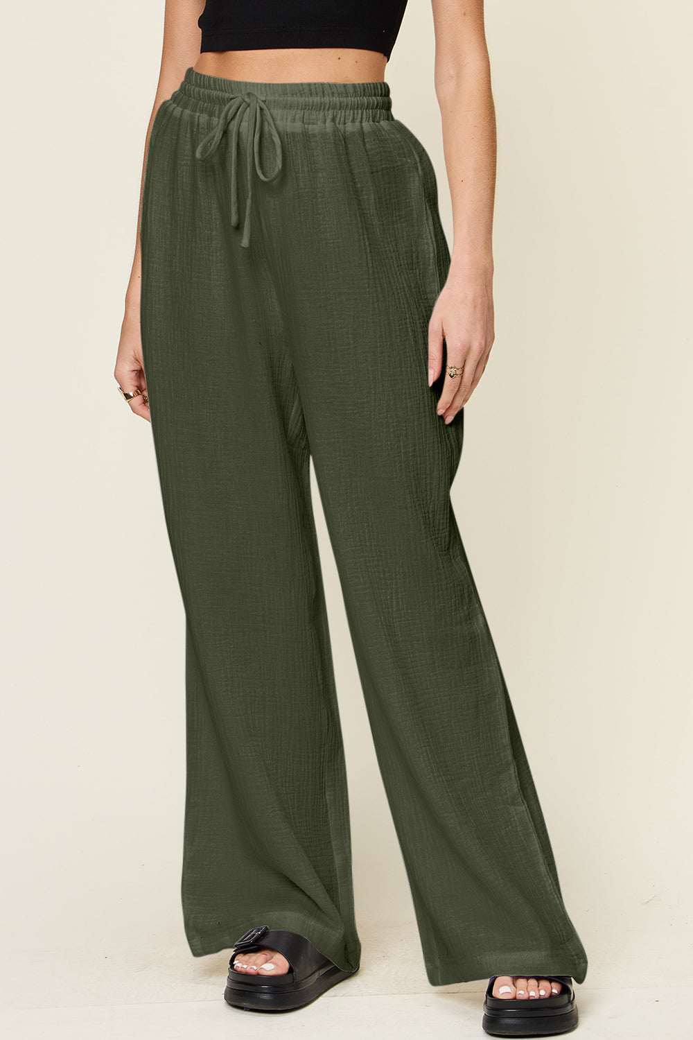 Double Take full-size texture drawstring wide leg pants in green.
