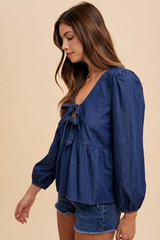 Annie Wear Tie Front Peplum Long Sleeve Denim Top - trendy, elegant blouse with tie detail.