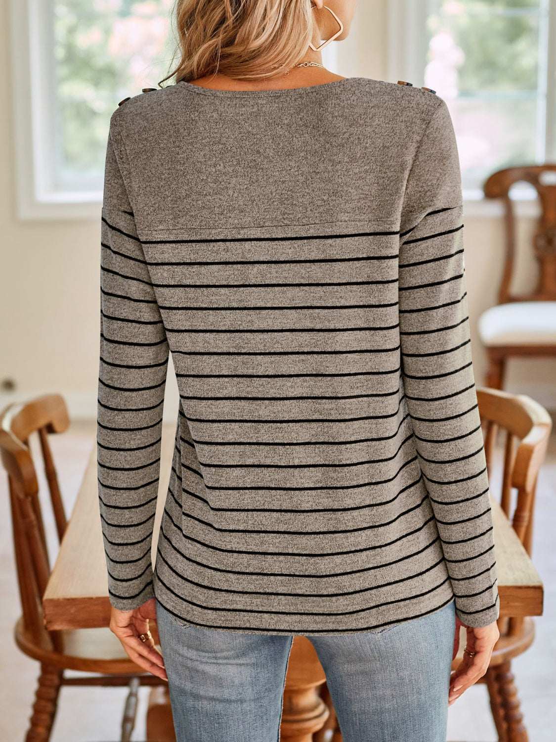 Lovelet striped round neck long sleeve t-shirt with decorative buttons.