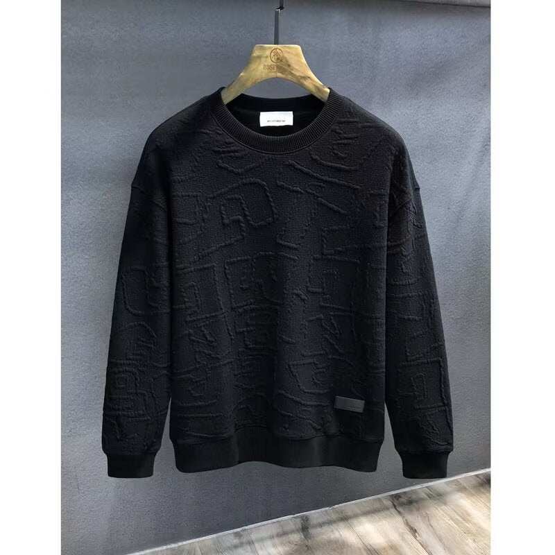 Men's plus size textured round neck long sleeve sweatshirt in black, slightly stretchy material.