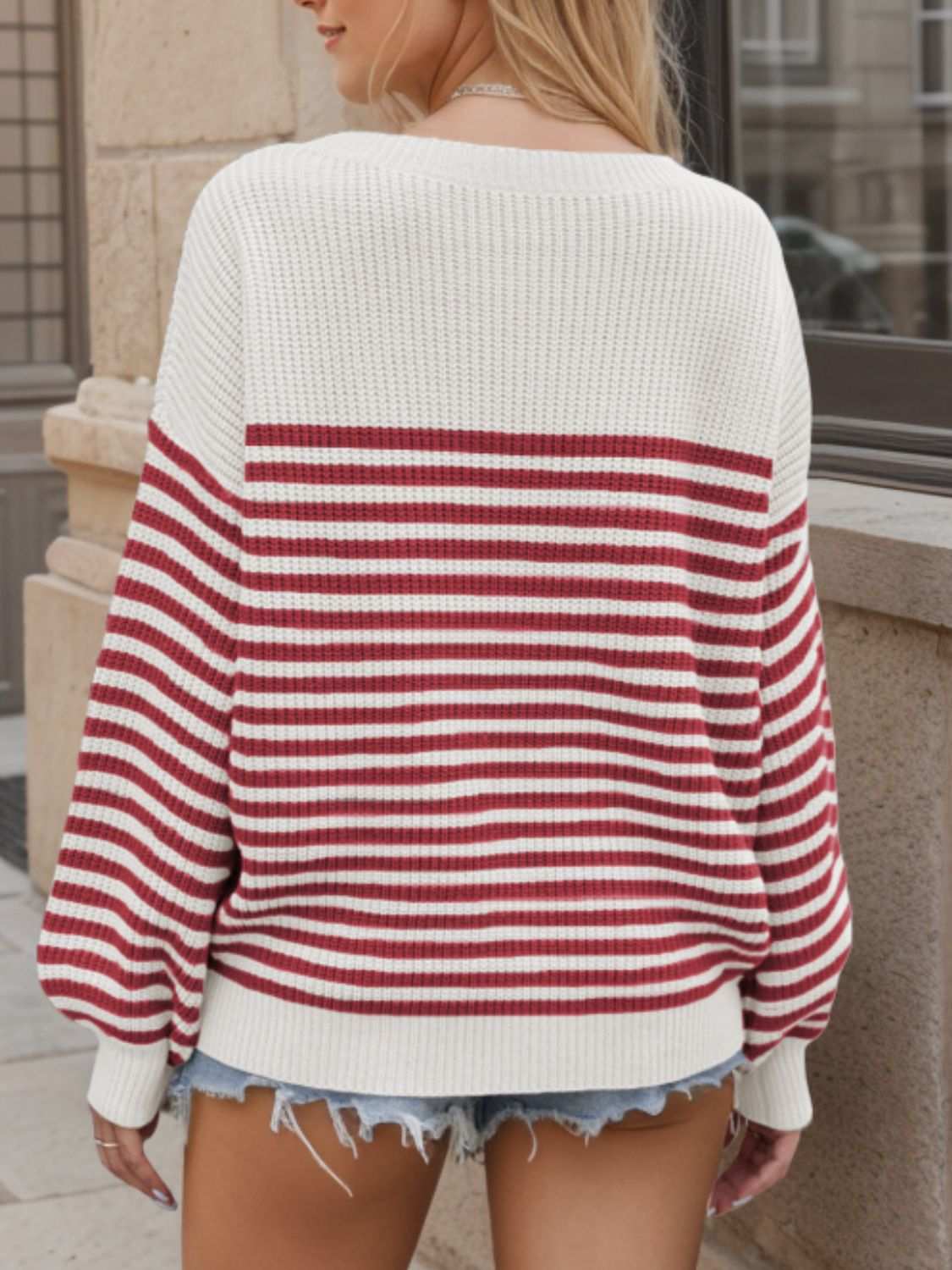 Striped round neck long sleeve sweater in red and white, featuring a basic style with moderate stretch.