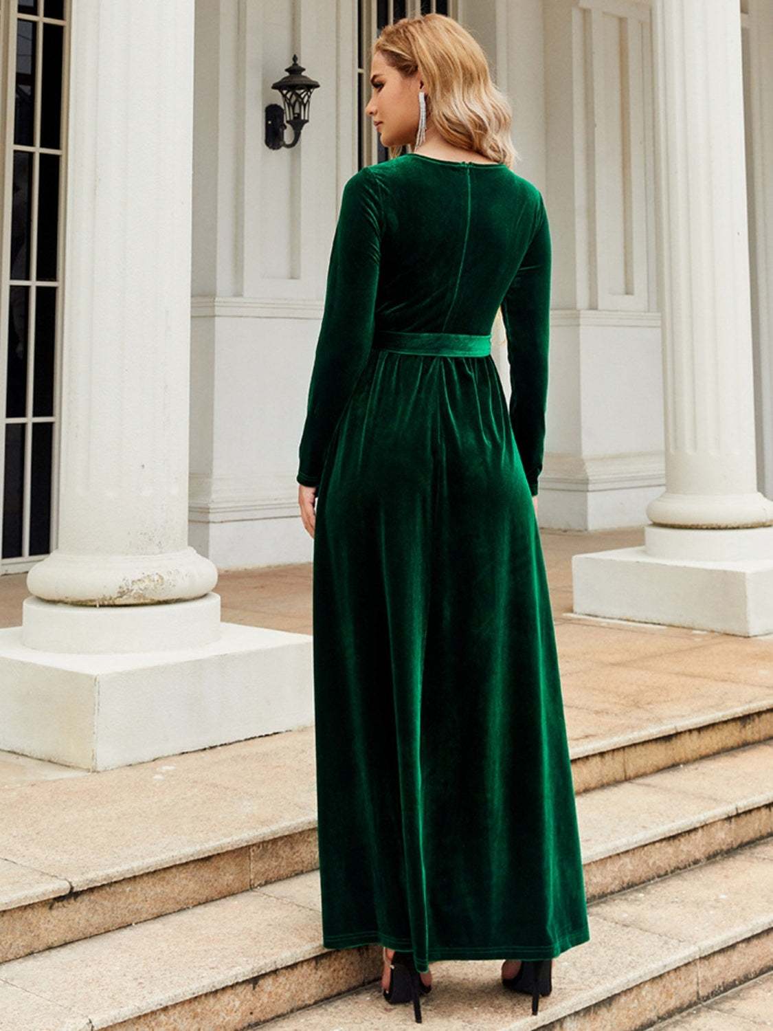 Tie Front Round Neck Long Sleeve Maxi Dress in green, basic style, slightly stretchy polyester, shown from the back.