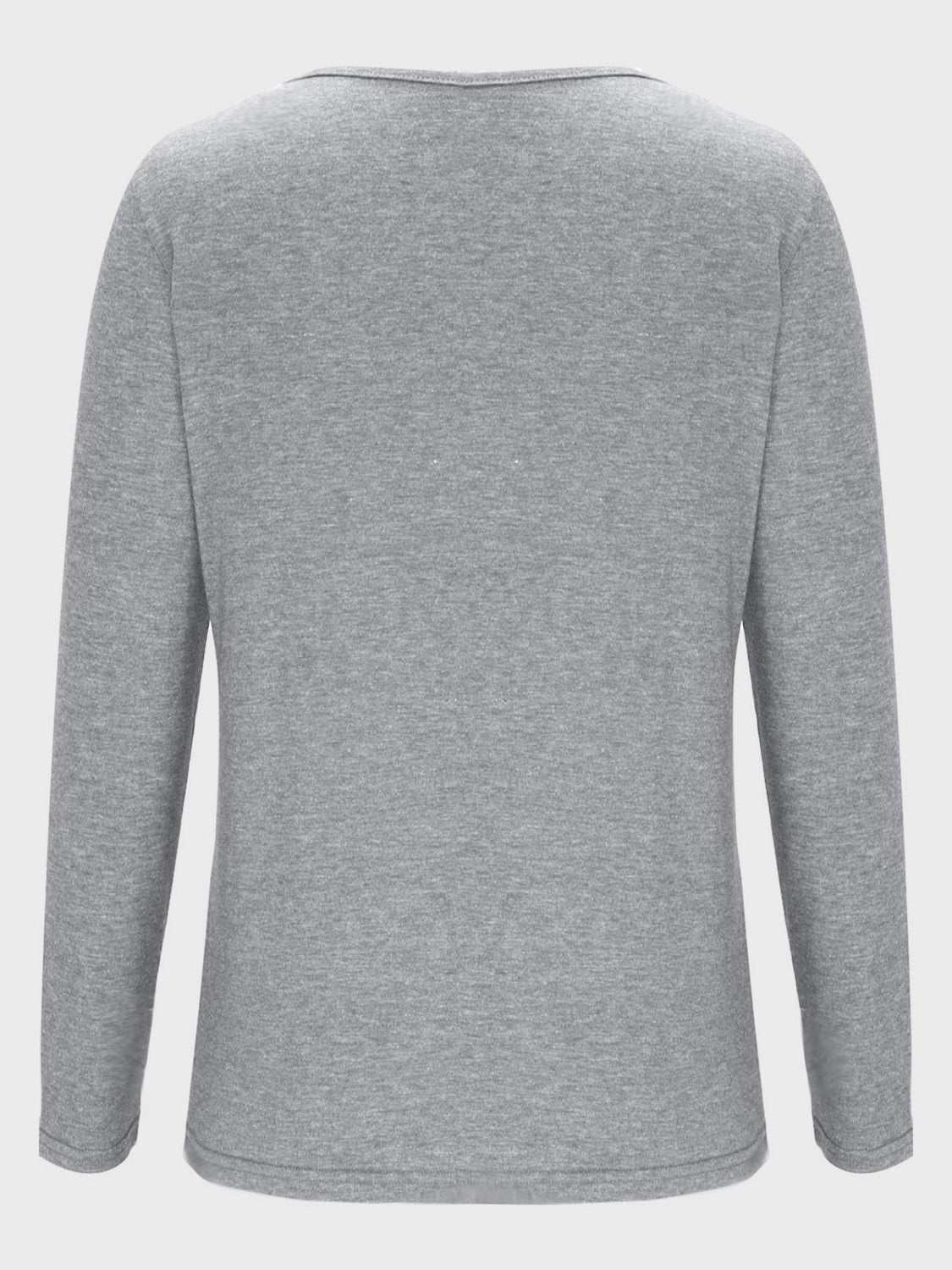 Grey crisscross V-neck long sleeve T-shirt, back view.