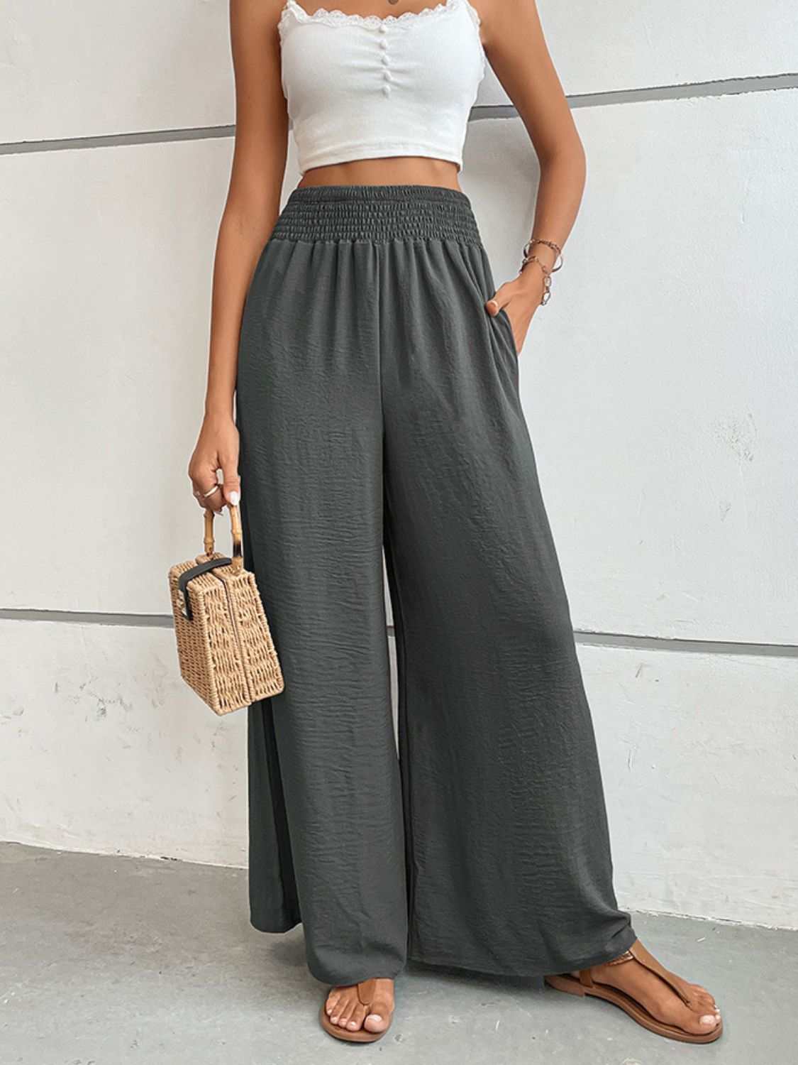 Wide waistband relax fit long pants in solid color, casual style.