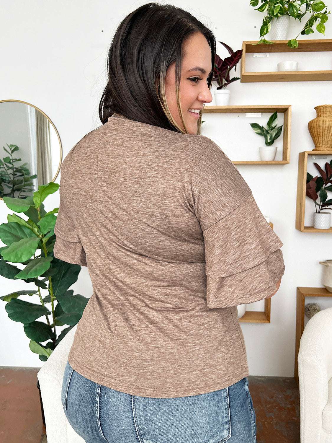 V-Neck half sleeve blouse in light brown, featuring basic style and slight stretch.