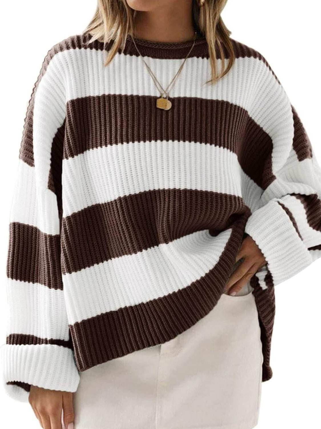 Round neck long sleeve sweater, brown and white stripes, slightly stretchy, 100% polyester.