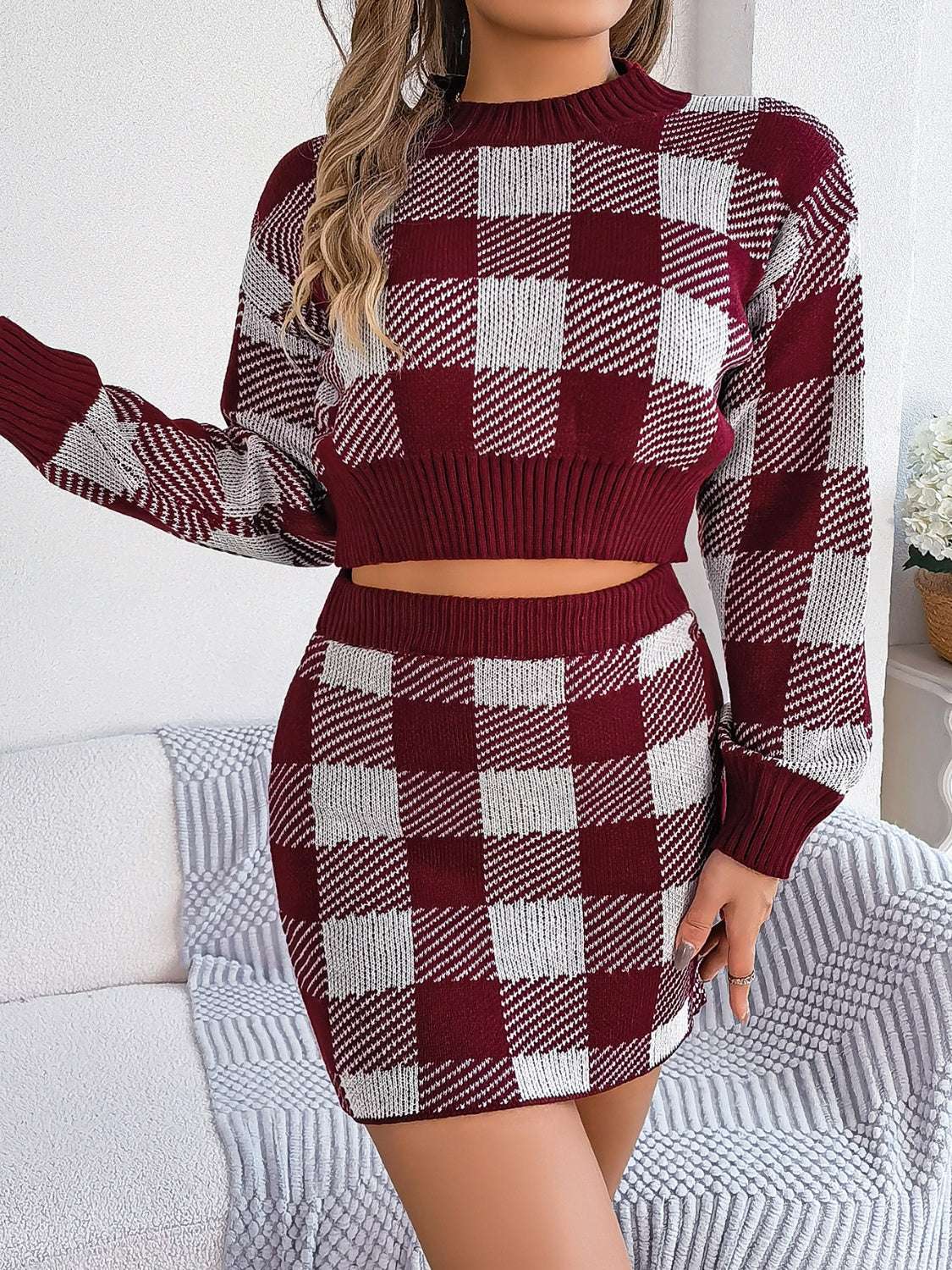 Plaid Round Neck Top and Skirt Sweater Set Burgundy