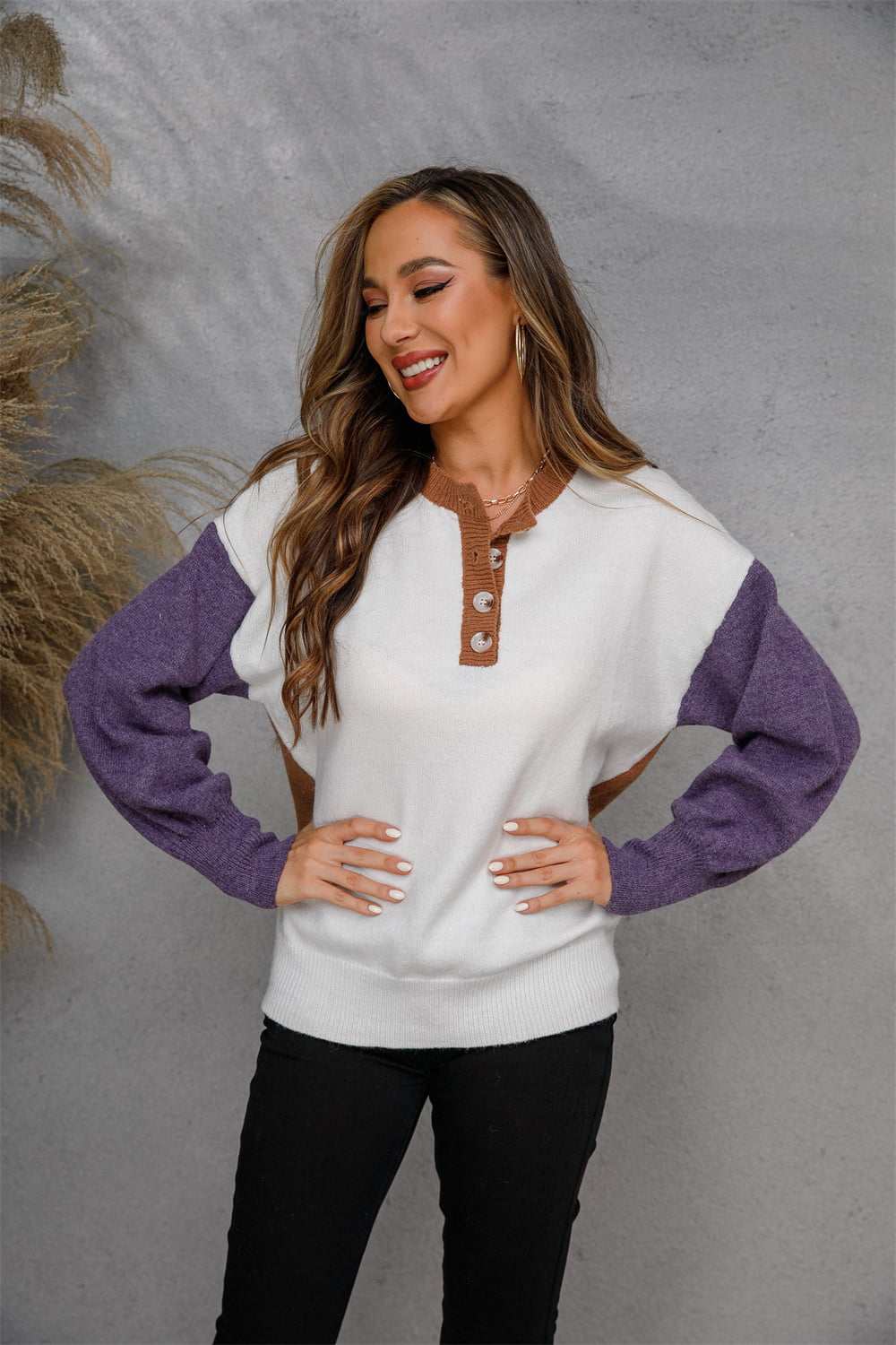 Casual two-tone Angel Wings round neck buttoned knit top with long dropped sleeves