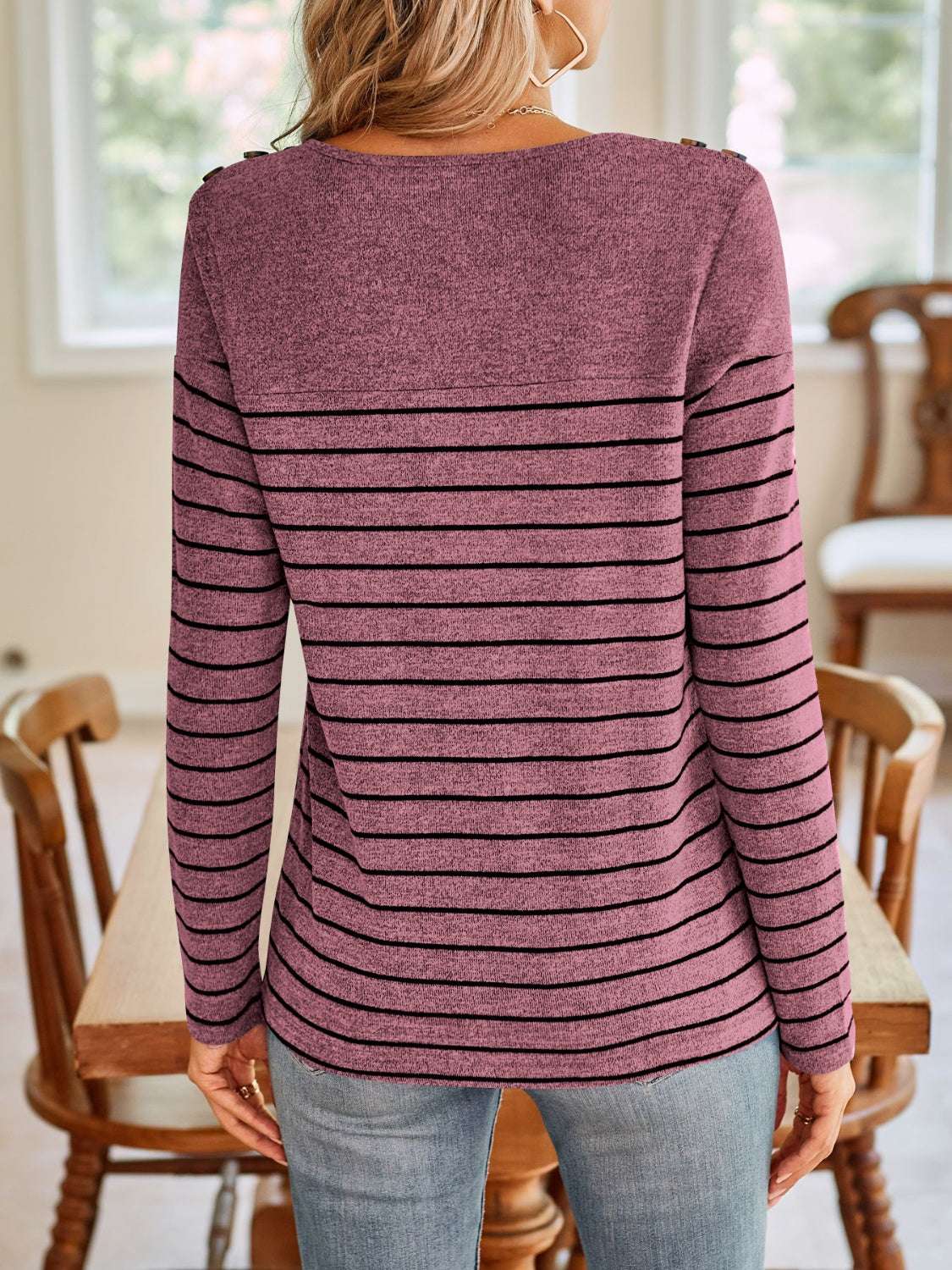 Lovelet Striped Round Neck Long Sleeve T-Shirt with Decorative Buttons, Back View