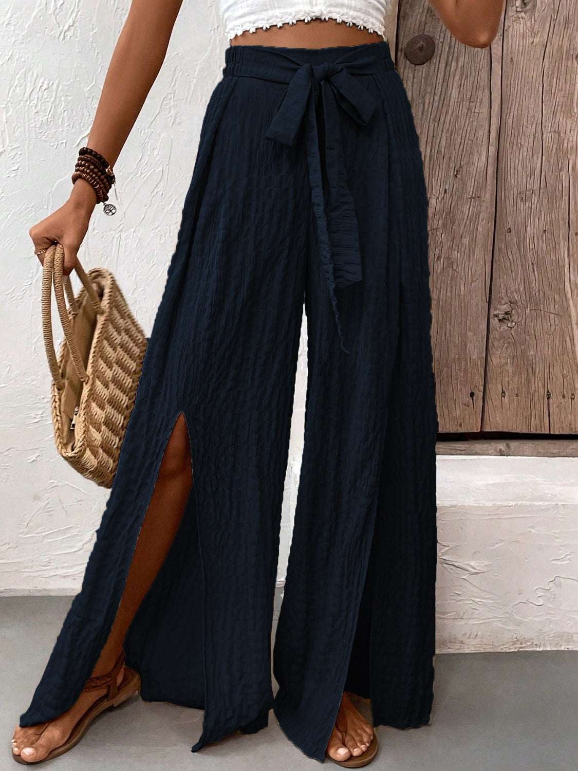 Honey Tied Slit Wide Leg Pants with bow detail, polyester blend, street style.
