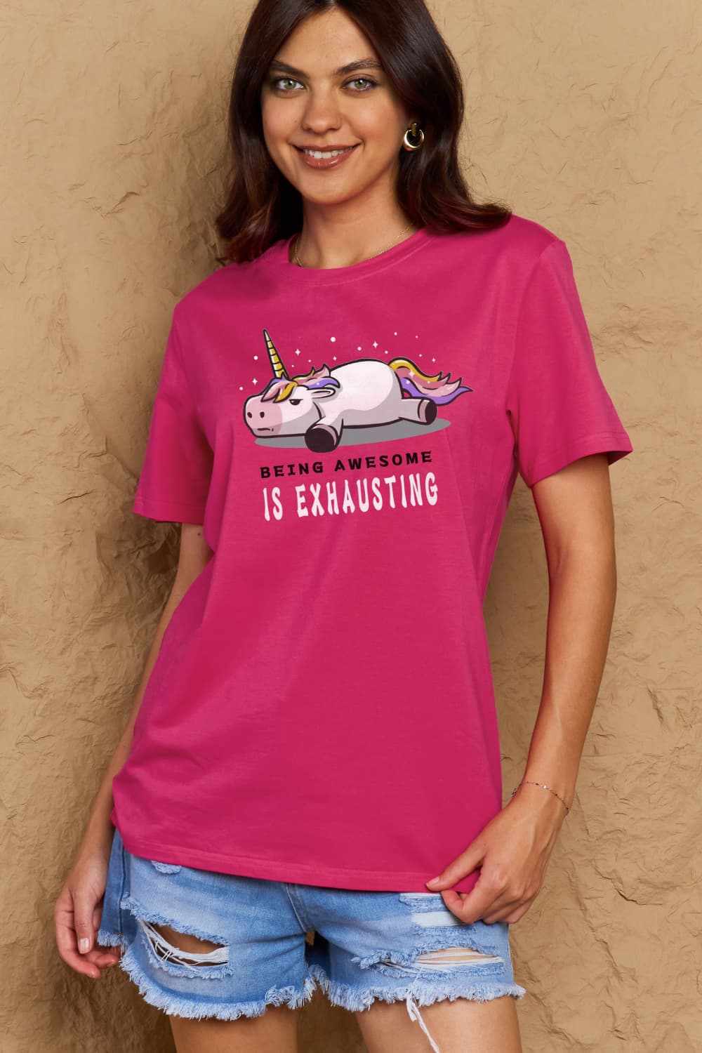 Simply Love Full Size graphic cotton tee with "Being Awesome is Exhausting" design, casual style, round neck, short sleeves.