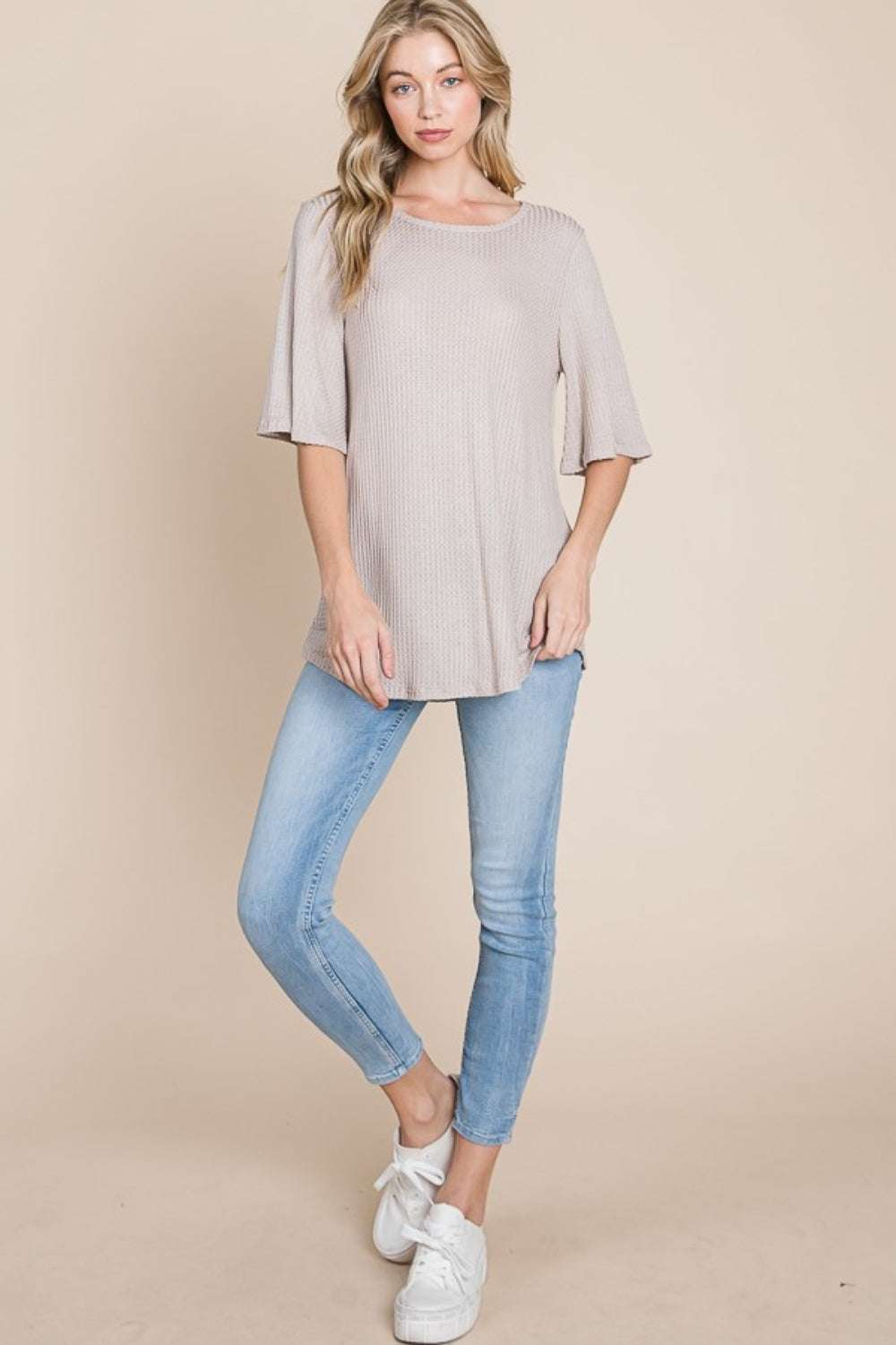 BOMBOM Round Neck Waffle Knit T-Shirt in beige, featuring a relaxed fit and soft waffle knit fabric.
