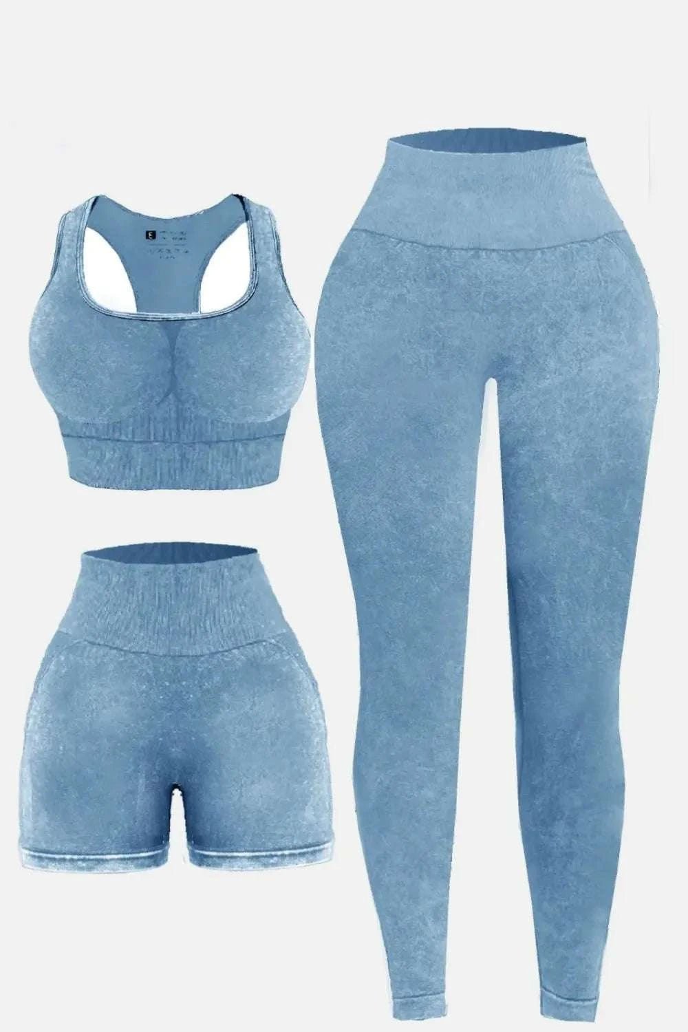 3 Piece Washed Square Neck Wide Strap Active Set in blue, featuring a sports bra, high-waisted leggings, and shorts; highly stretchy fabric.