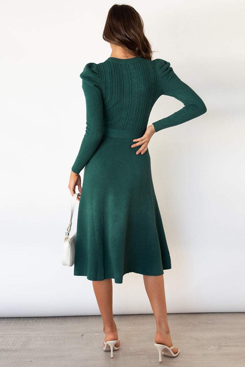 Round neck long sleeve tie waist sweater dress in green, highly stretchy fabric, back view.