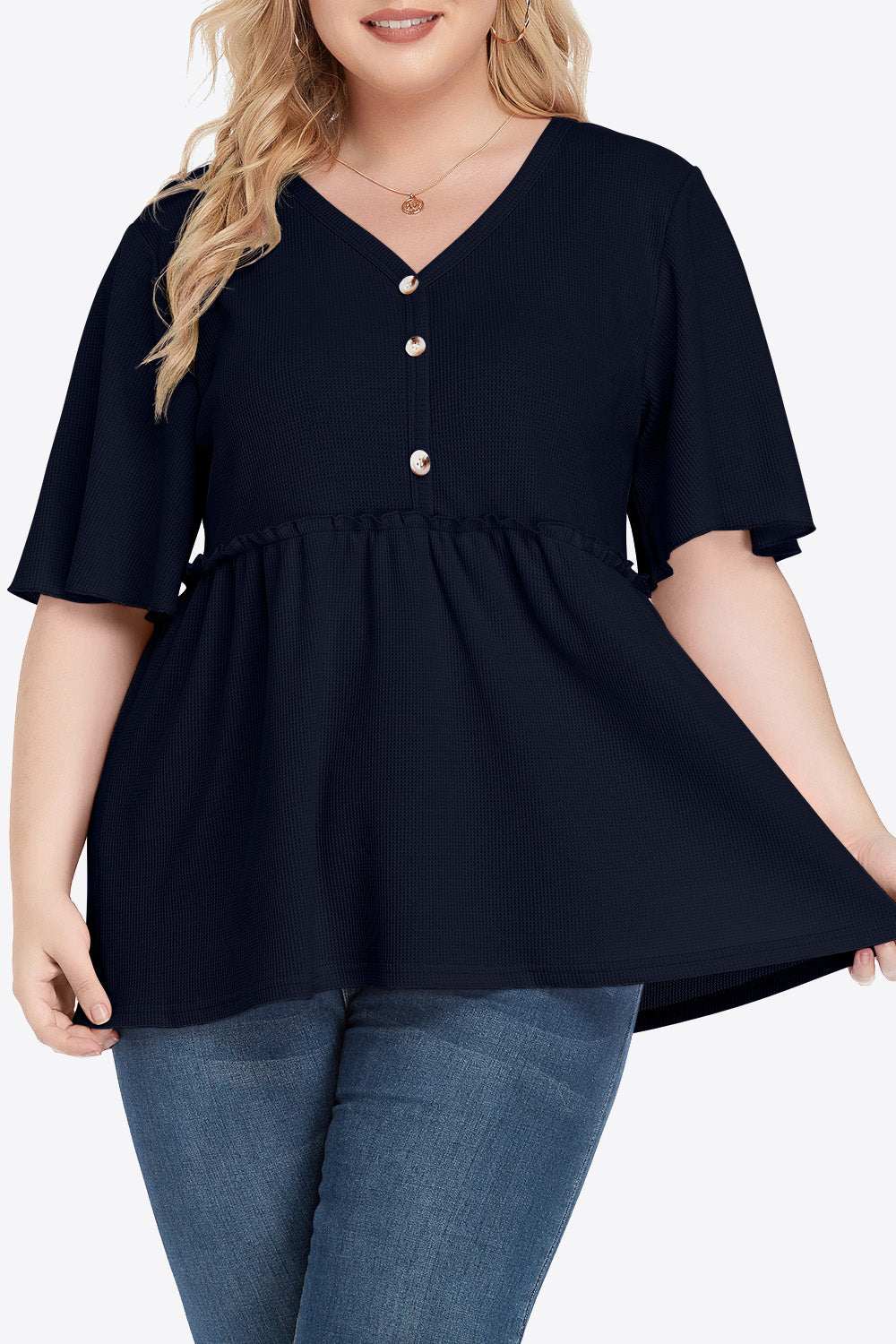 Plus size buttoned V-neck frill trim babydoll blouse with flutter half sleeves.