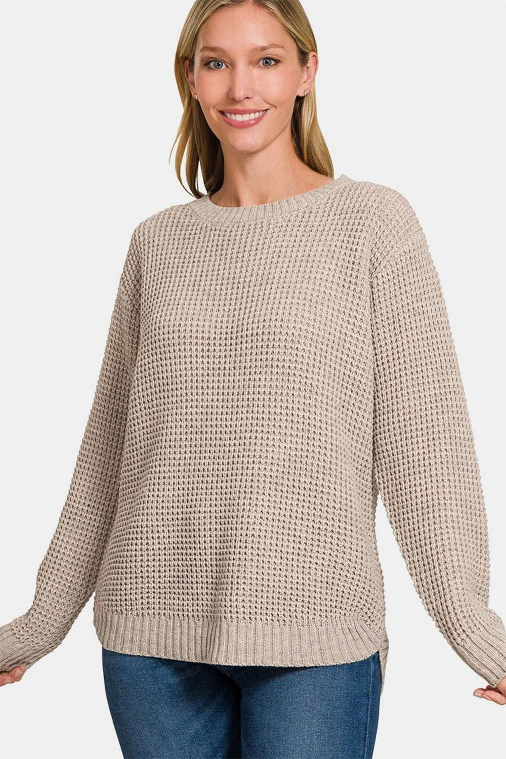 Women's beige high low long sleeve waffle knit sweater with relaxed fit and crew neck