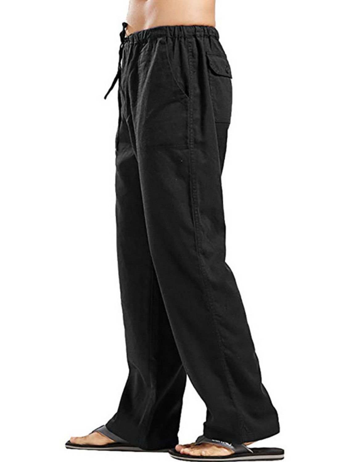 Men's full size drawstring straight leg pants in black, featuring a basic style, made of 80% cotton and 20% polyester.
