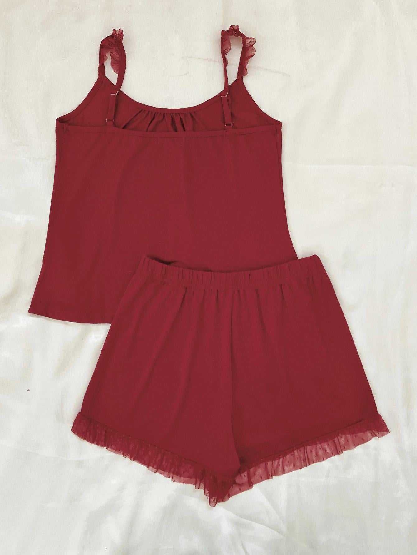 Gathered mesh sleeveless top and shorts lounge set in red with lace detailing.
