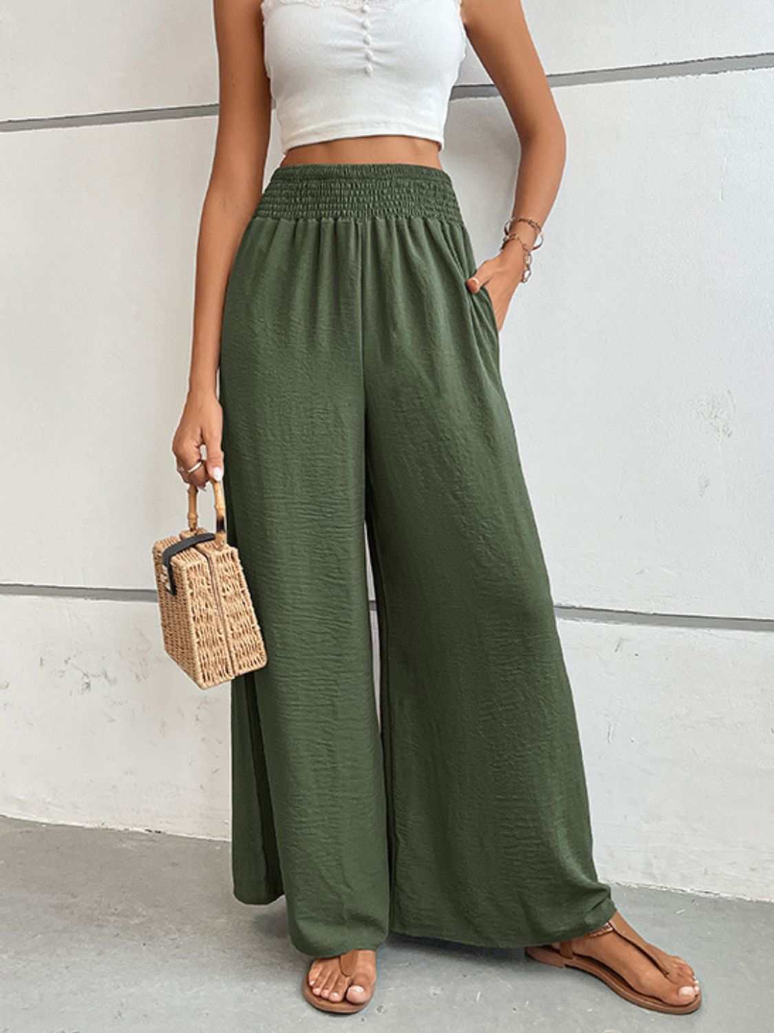 Wide waistband relax fit long pants in solid green, casual style.
