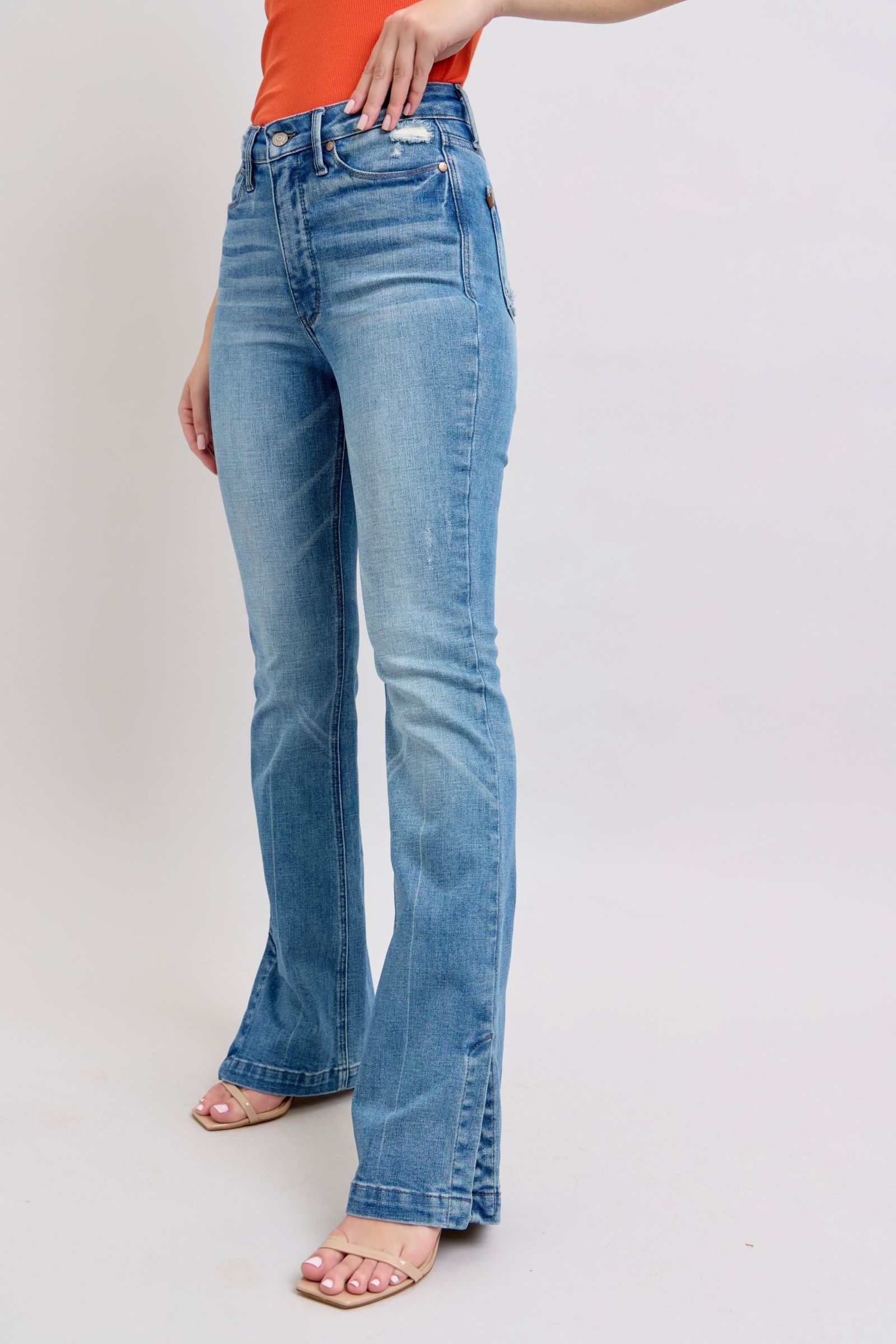 Judy Blue HW tummy control vintage wash side slit slim bootcut jeans.