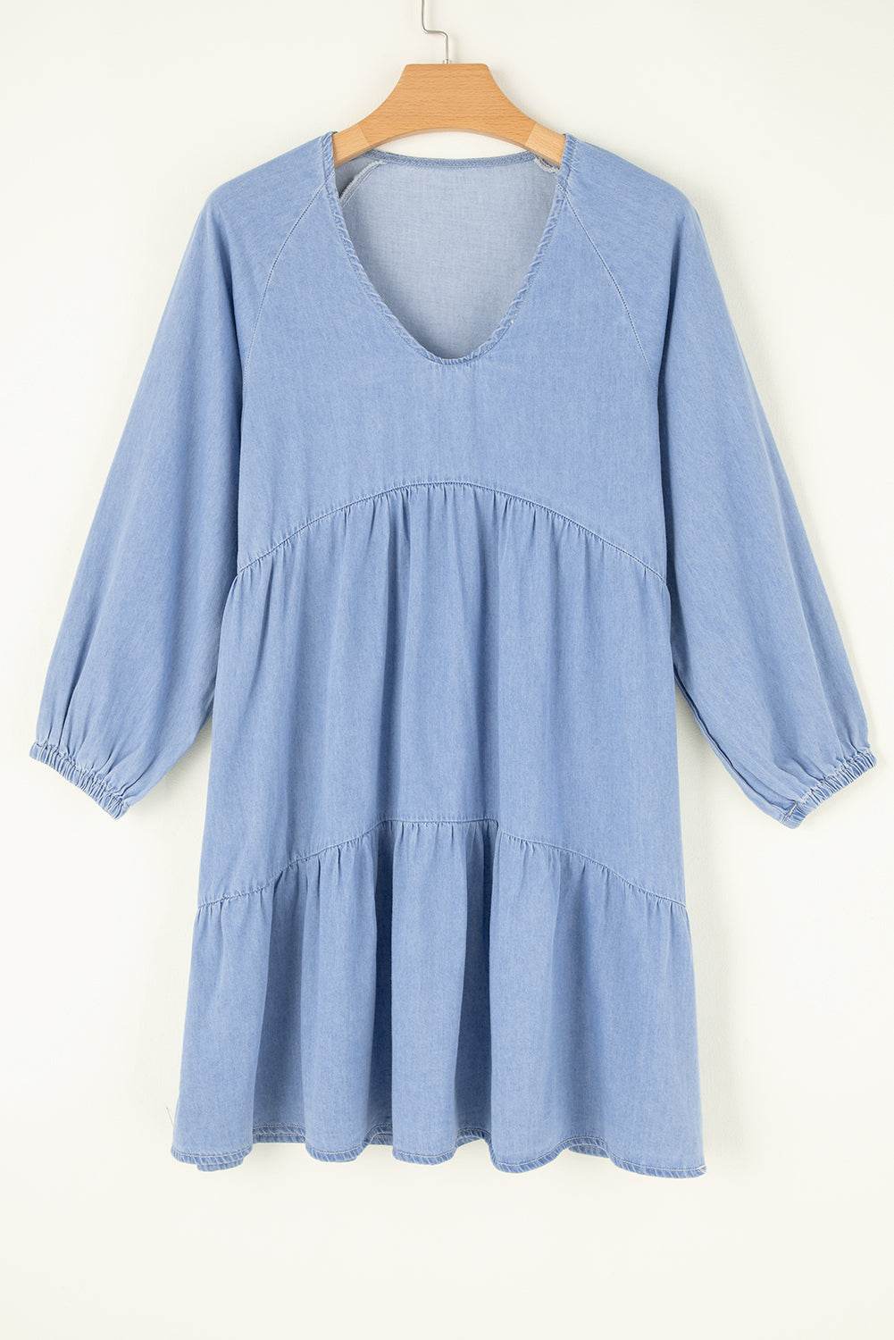 V-Neck Tiered Ruffled Hem Mini Dress in blue, cotton blend, no stretch.