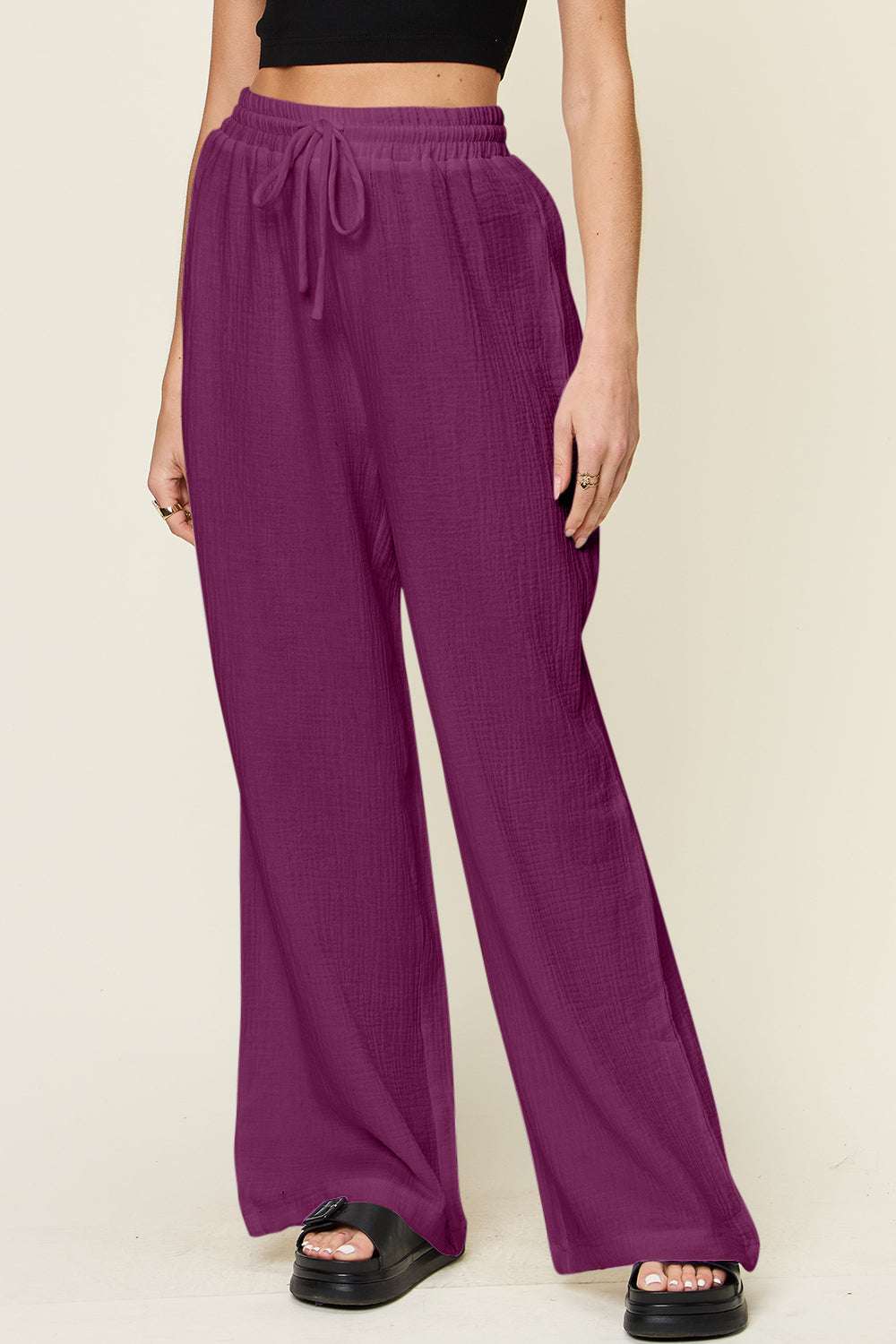 Double Take full-size texture drawstring wide-leg pants in purple, 100% cotton.