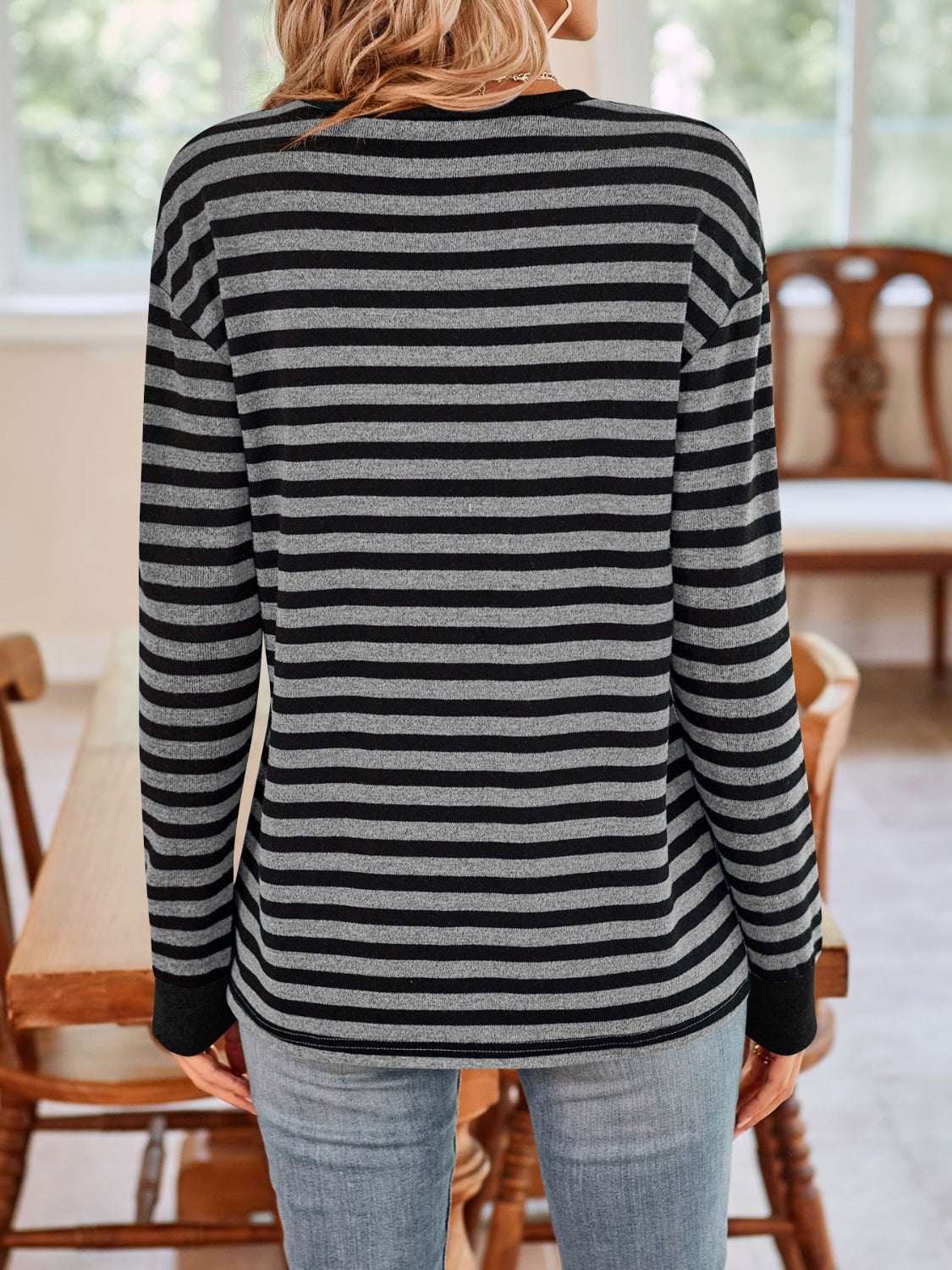 Lovelet Striped Round Neck Long Sleeve T-Shirt in black and gray, casual fit, rear view showing stripes.