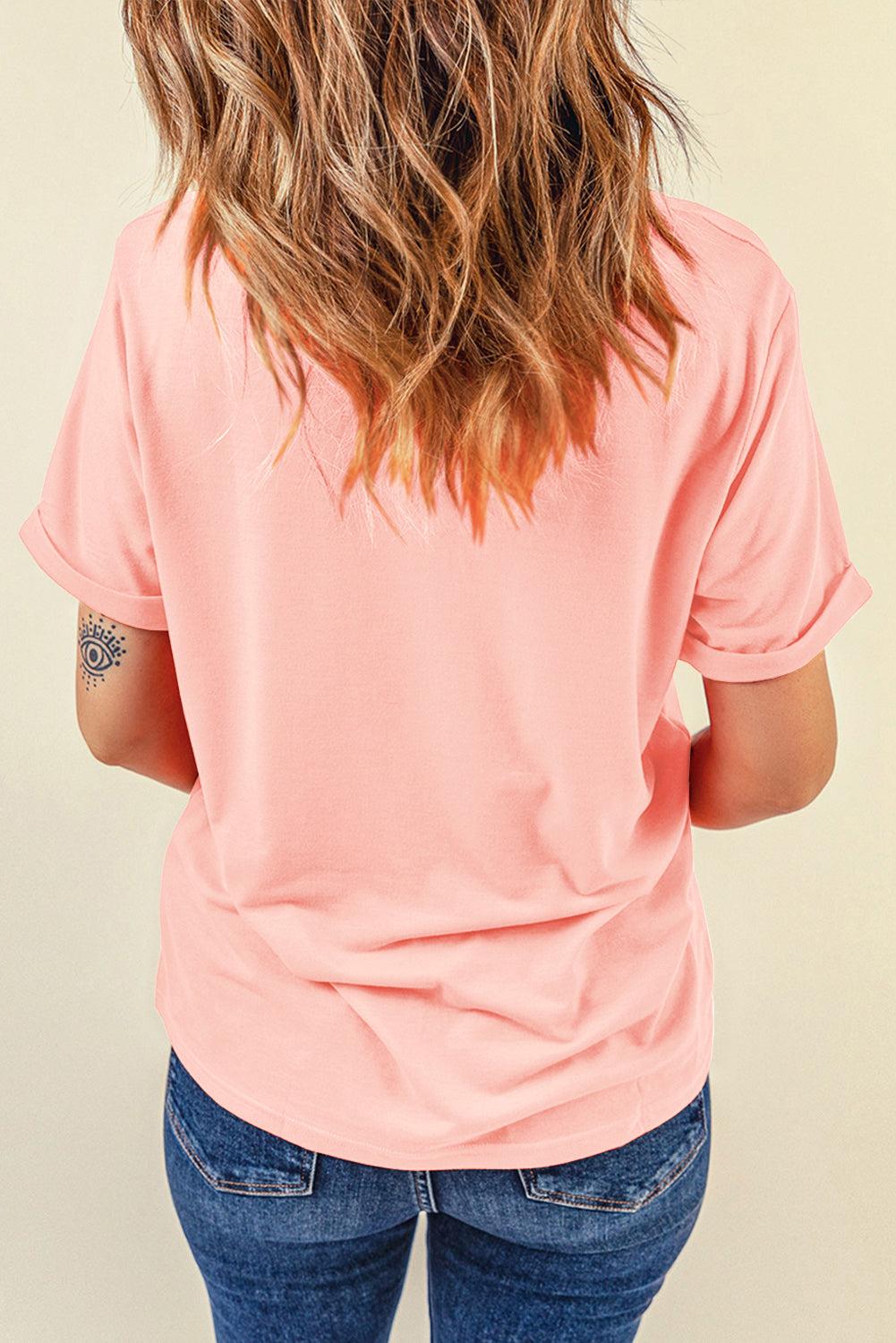 Dotty Bunny Bow Graphic Short Sleeve T-Shirt in pink, back view, slightly stretchy.