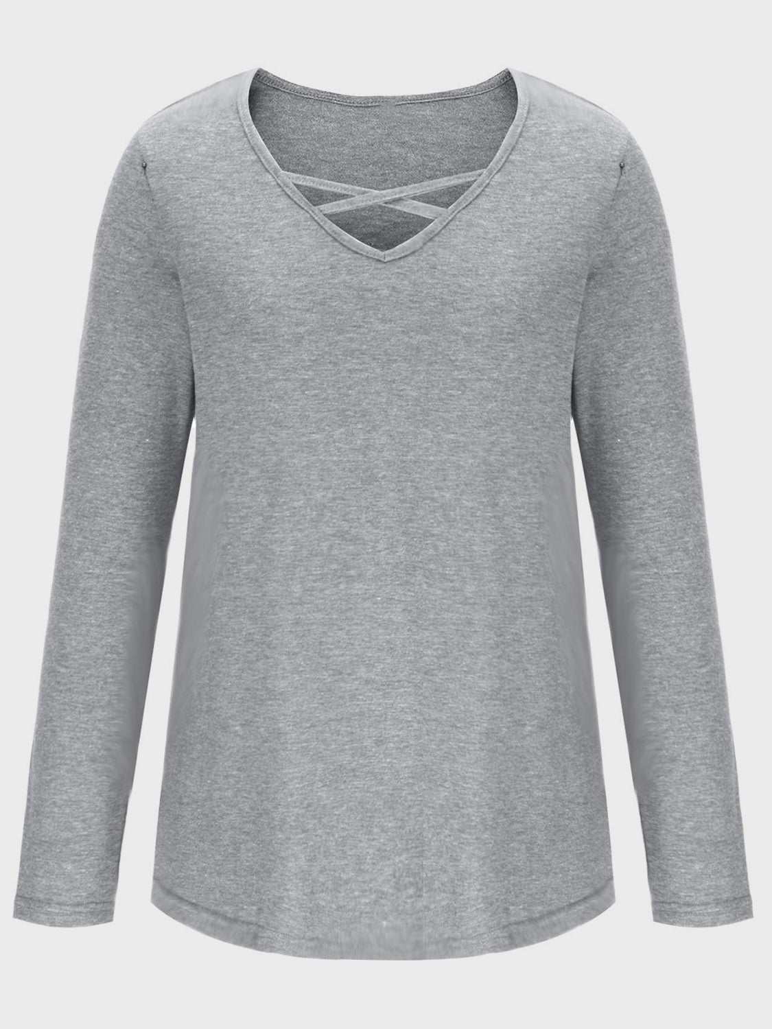 Crisscross V-neck long sleeve t-shirt in gray, basic style, slightly stretchy fabric.