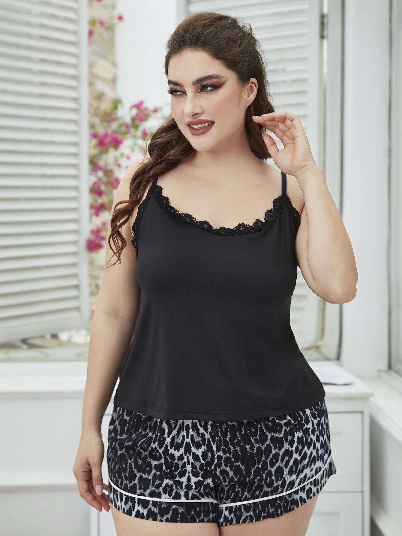 Plus size lace trim scoop neck cami and printed shorts pajama set in black with animal print.