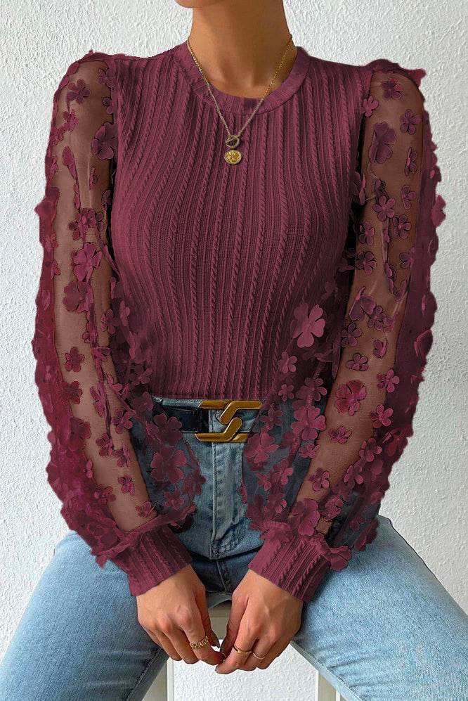 Textured Applique Long Sleeve Blouse with Floral Sheer Sleeves
