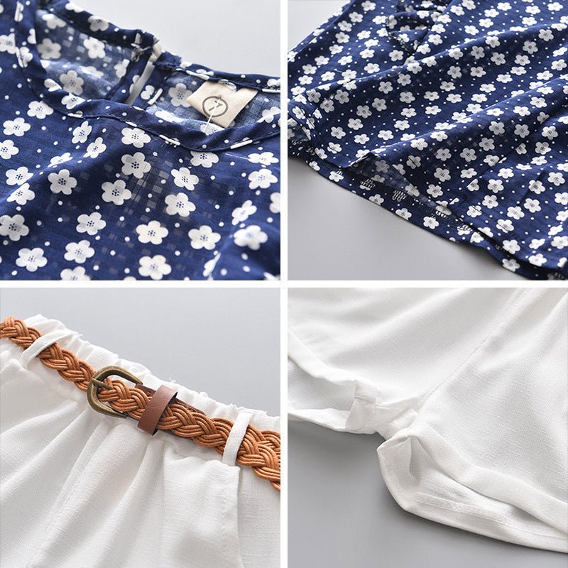 Girls Floral Sleeveless T-shirt And Shorts Refreshing Suit Pants Free Belt