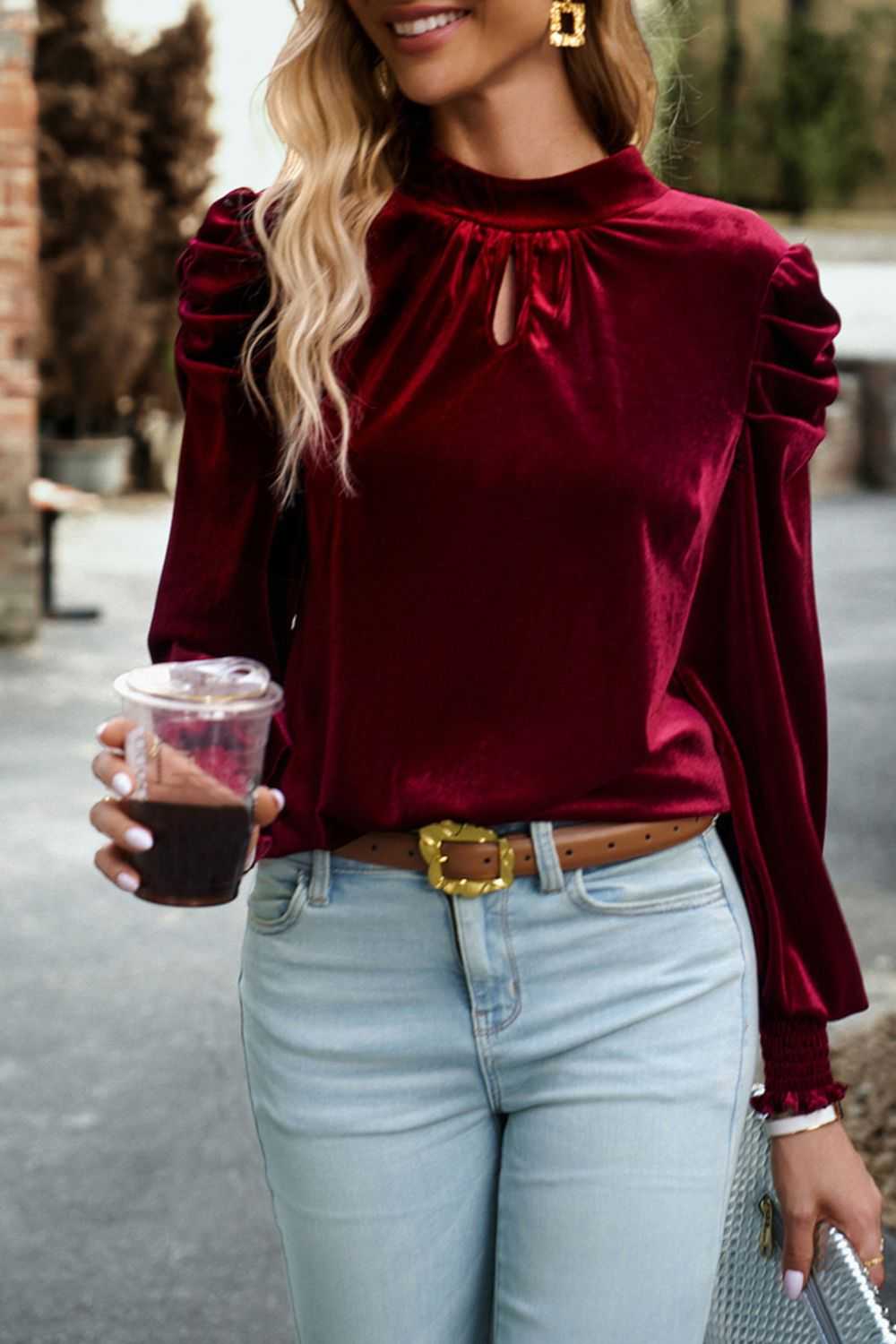 Mock neck velvet fabric long sleeve blouse with tie-up detail in deep red.