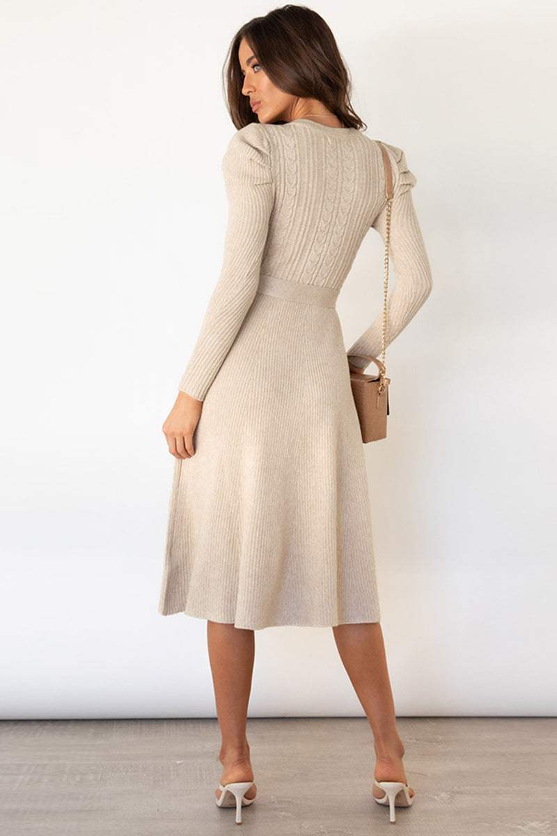 Round neck long sleeve tie waist sweater dress in beige, highly stretchy and opaque.