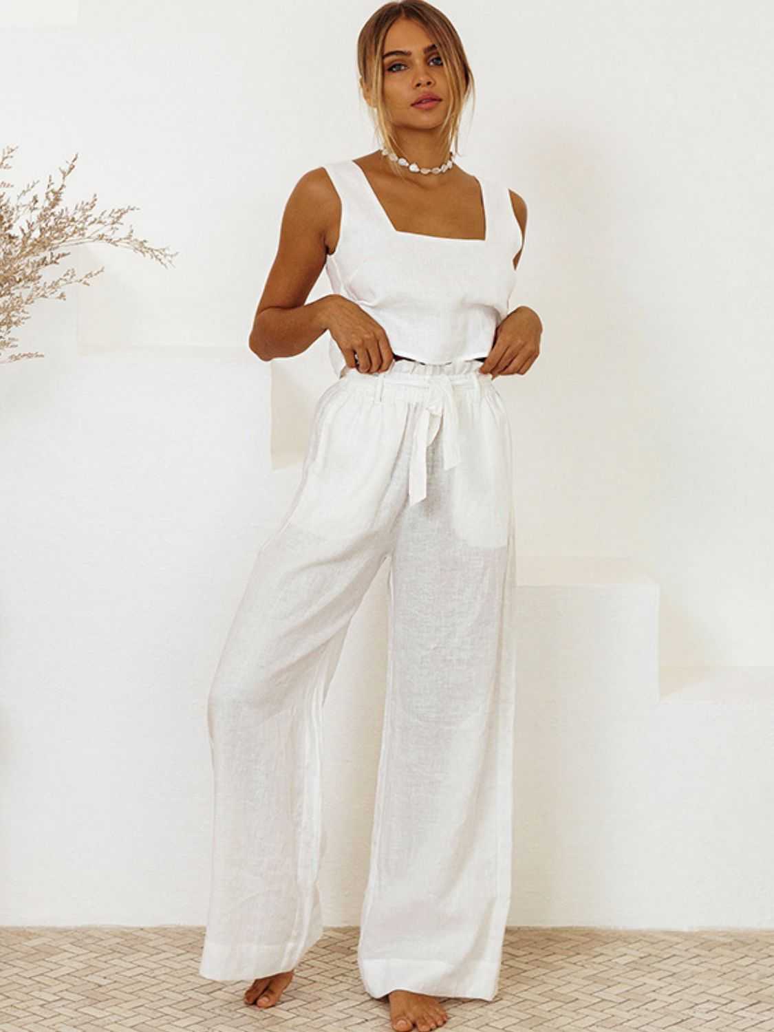 Square Neck Sleeveless Top and Pants Set in white cotton with tied and ruffled features.