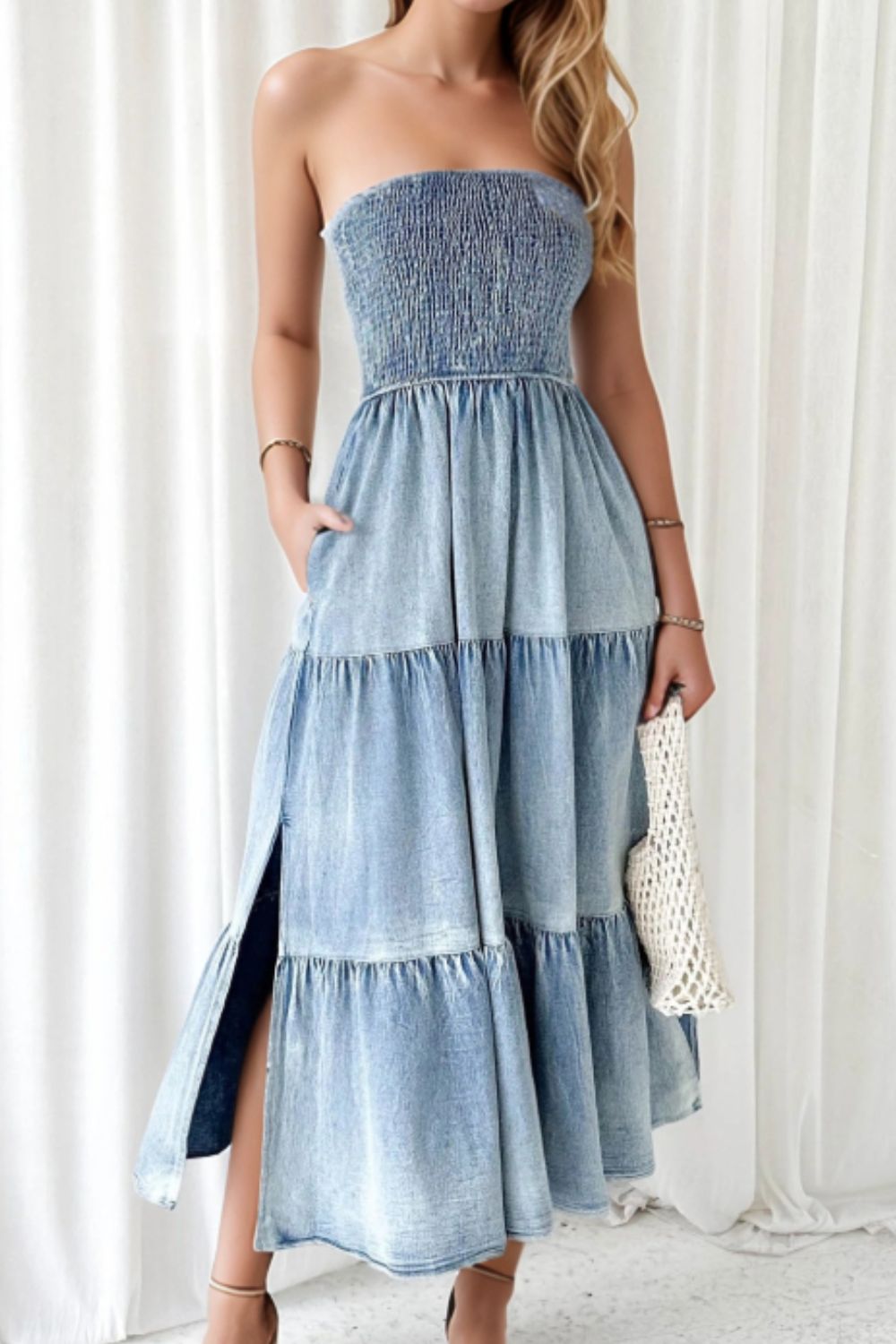 Smocked Tube Slit Tiered Denim Dress - Securing Secrets Boutique LLC