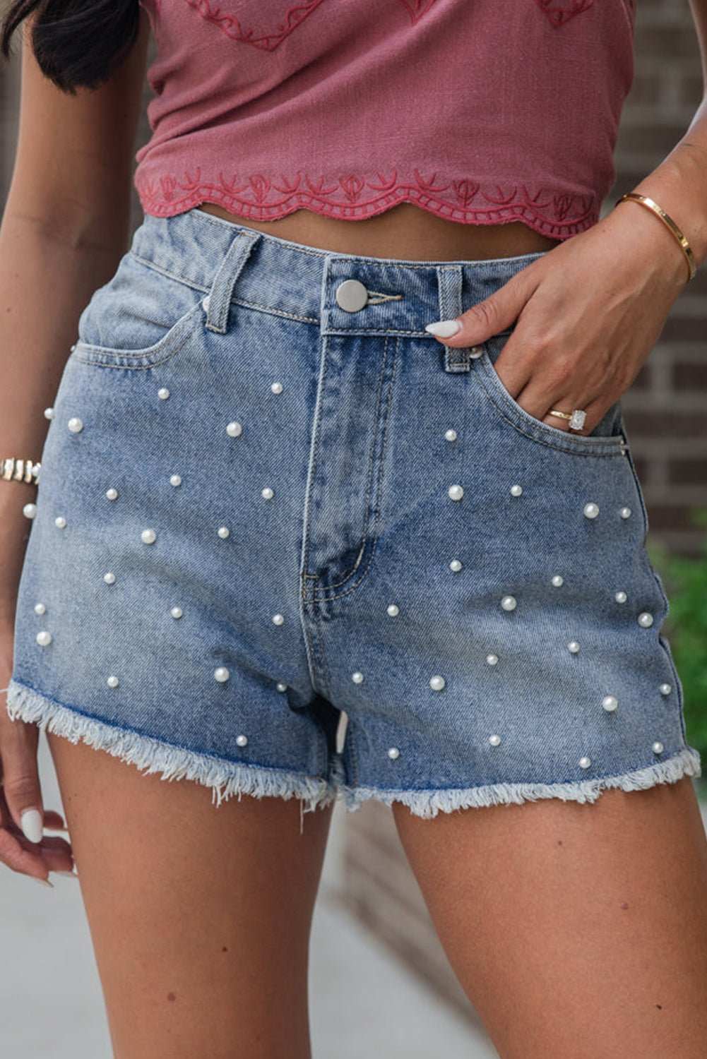 Dusk Blue Pearl Beaded Raw Hem Medium Wash Denim Shorts