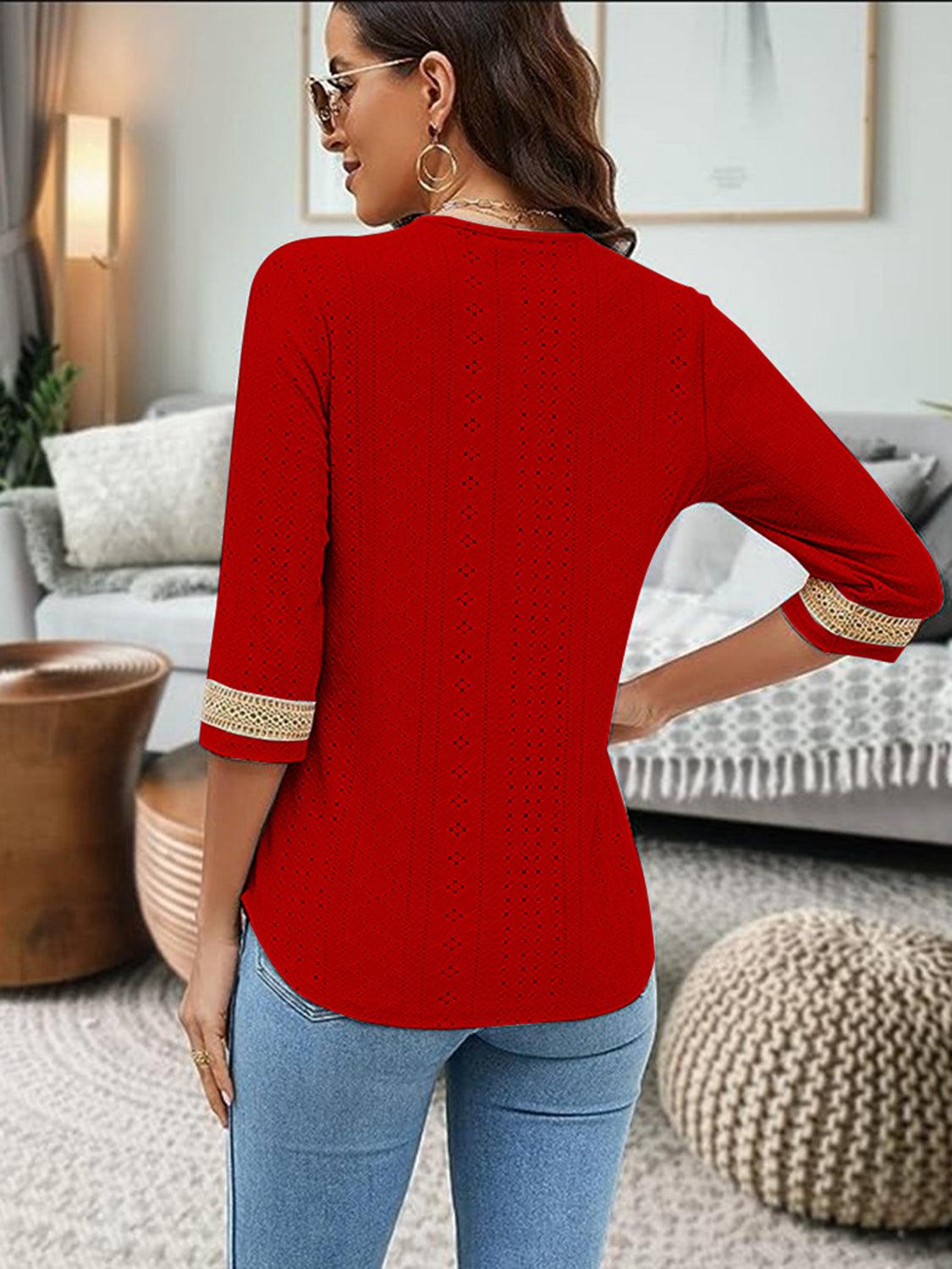 V-Neck Eyelet Blouse in red, featuring a basic style with no stretch, 100% polyester, and three-quarter sleeves.